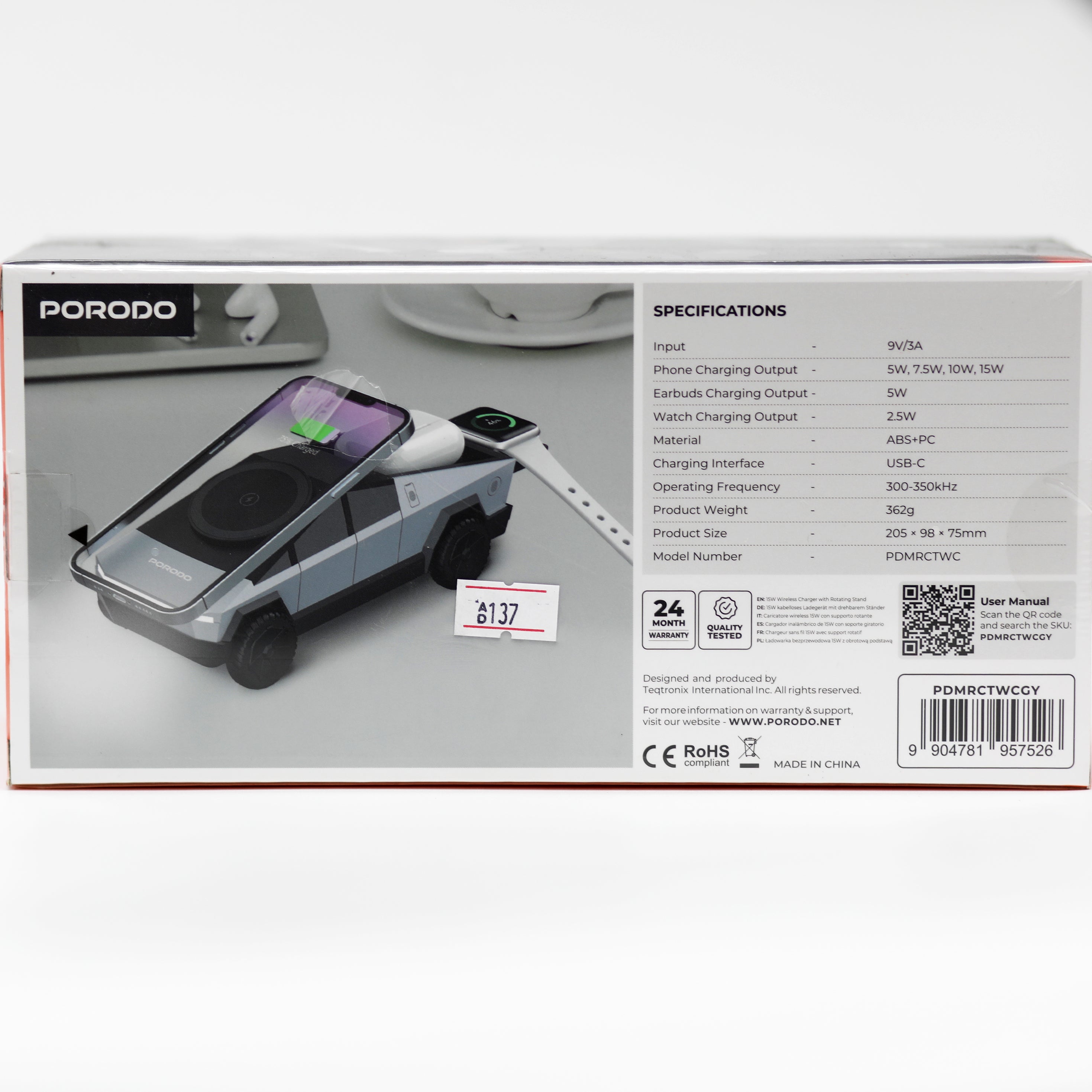 قاعدة شحن لاسلكي 3 في 1 Porodo Cyber Dock بقدرة 15 واط مع حامل دوّار