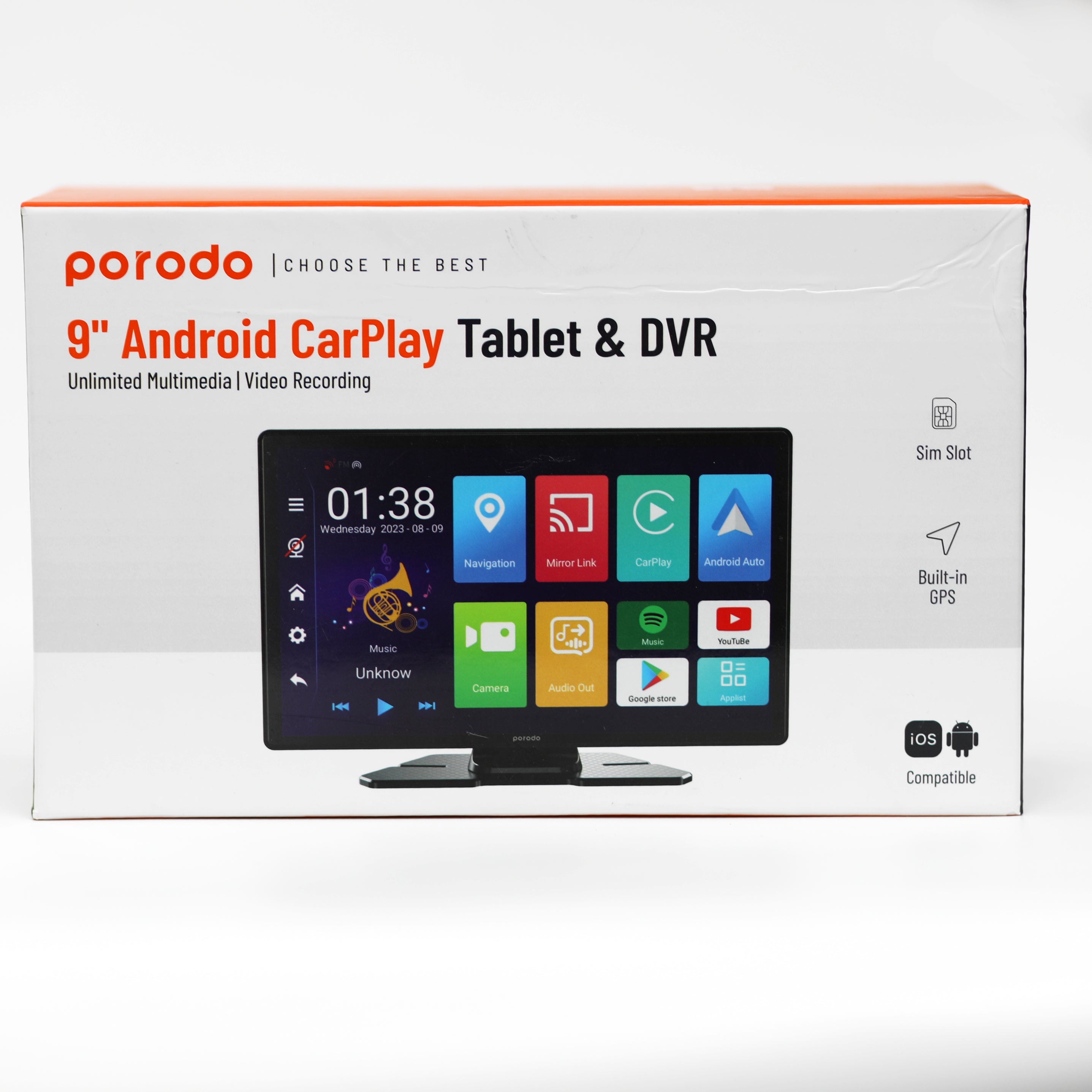 شاشة سيارة ذكية Porodo مقاس 9 بوصة مع Apple CarPlay وAndroid Auto وكاميرا DVR