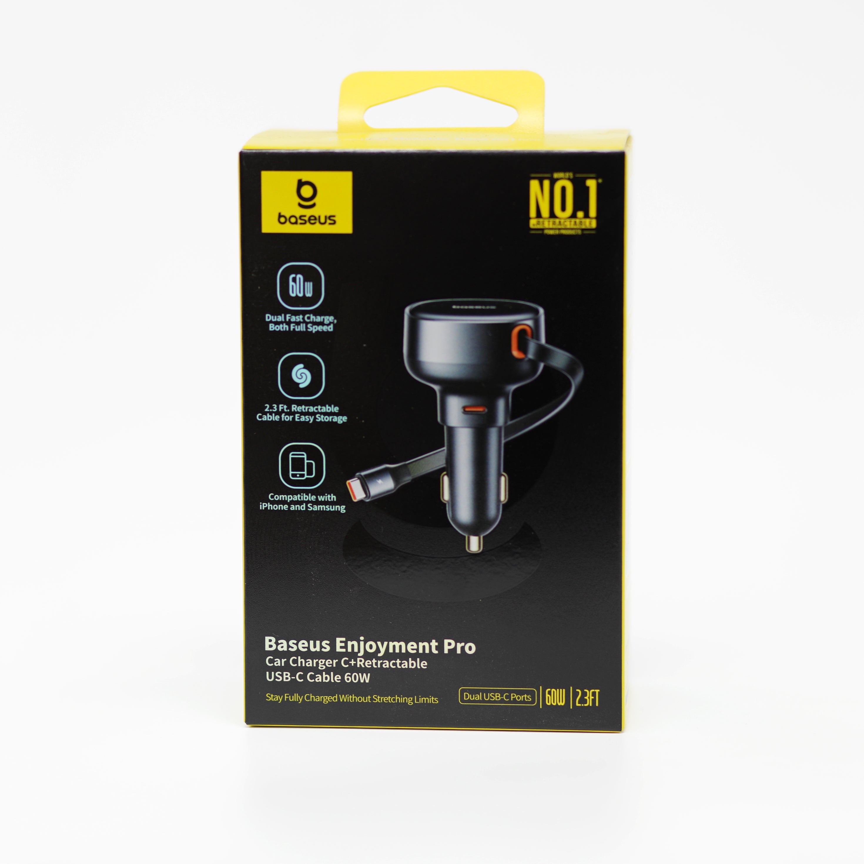 شاحن سيارة Baseus Enjoyment Pro بقدرة 60 واط مع كابل USB-C قابل للسحب