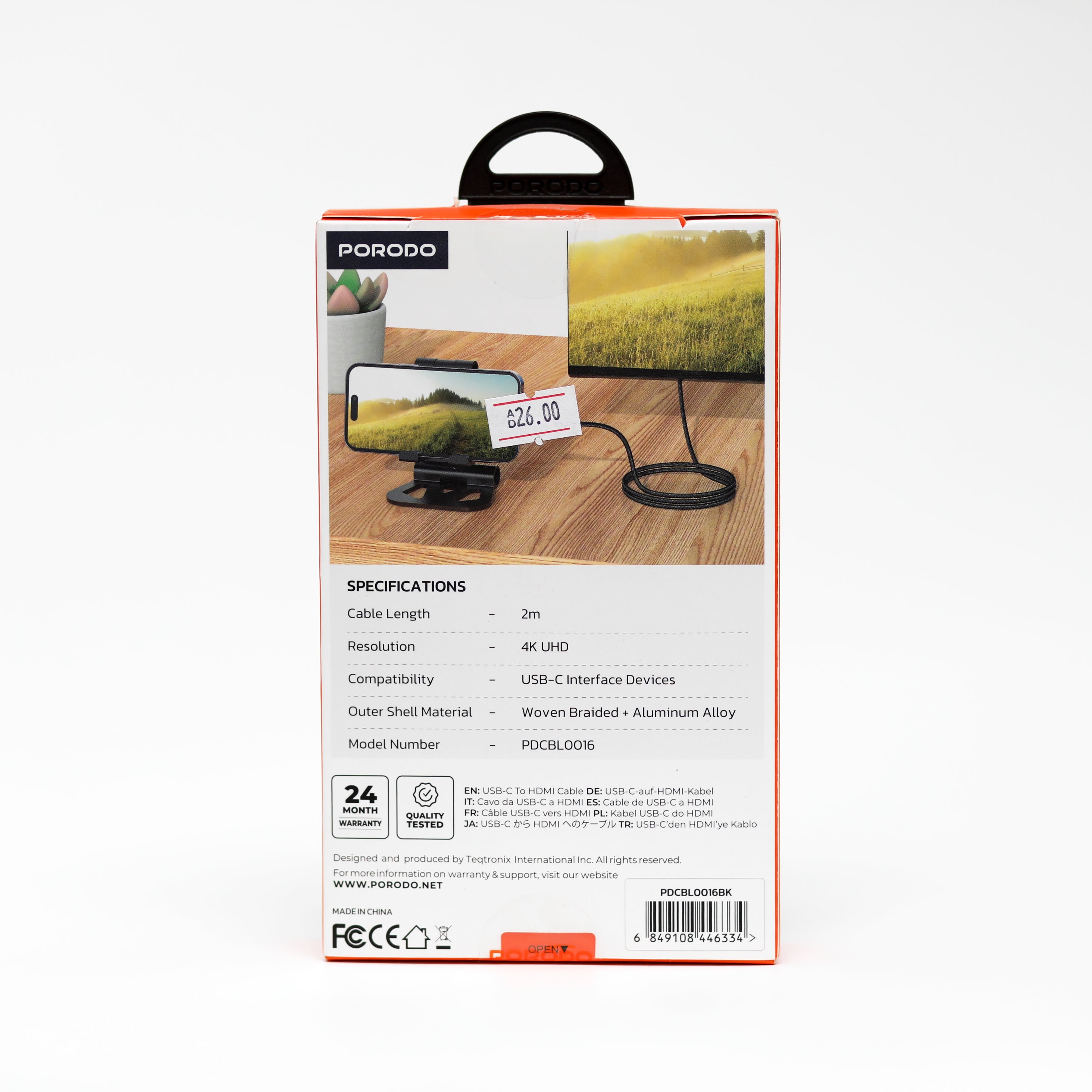 كابل Porodo USB-C إلى HDMI بدقة 4K بطول 2 متر – تصميم مضفر متين