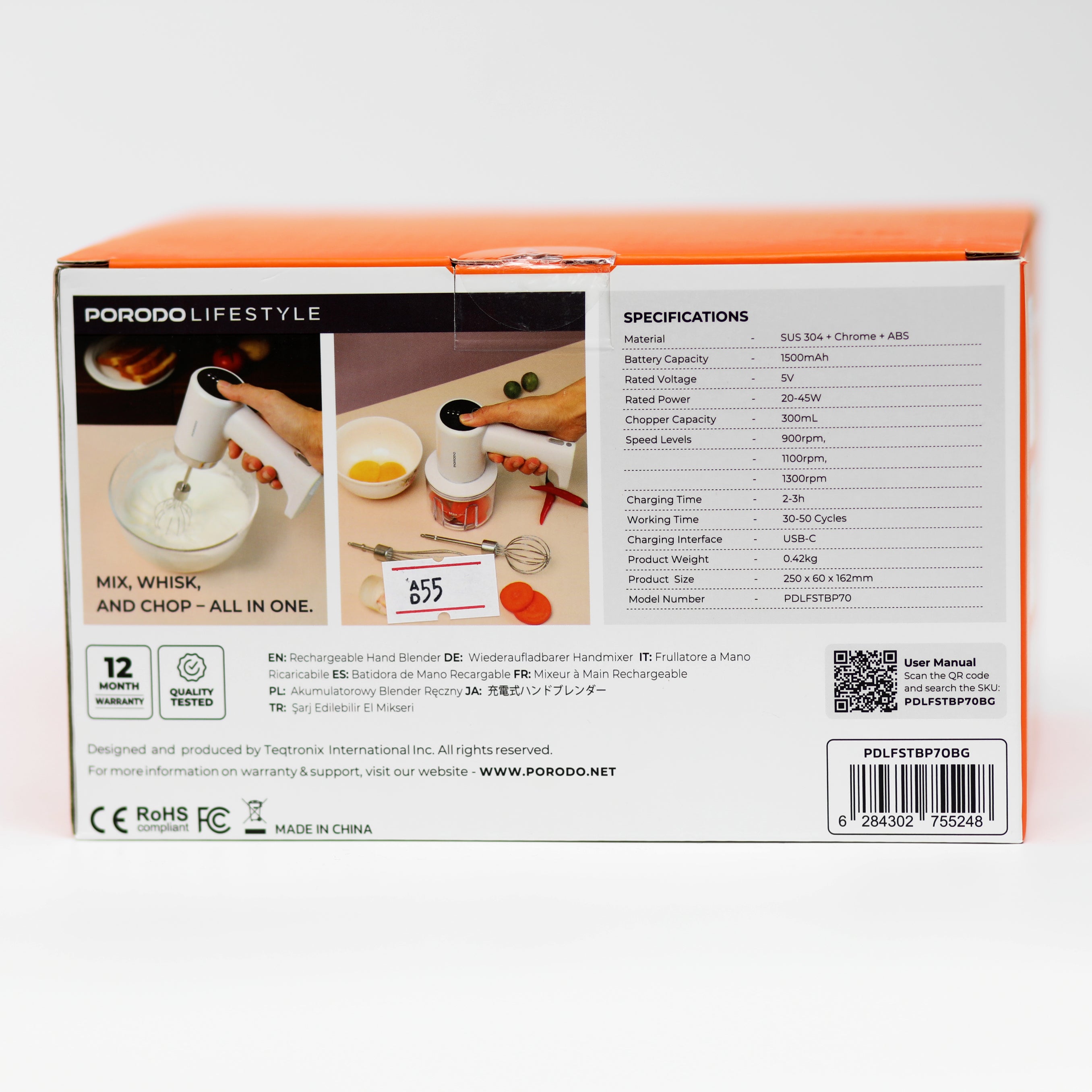 خلاط يدوي متعدد الوظائف Porodo قابل للشحن – 3 سرعات