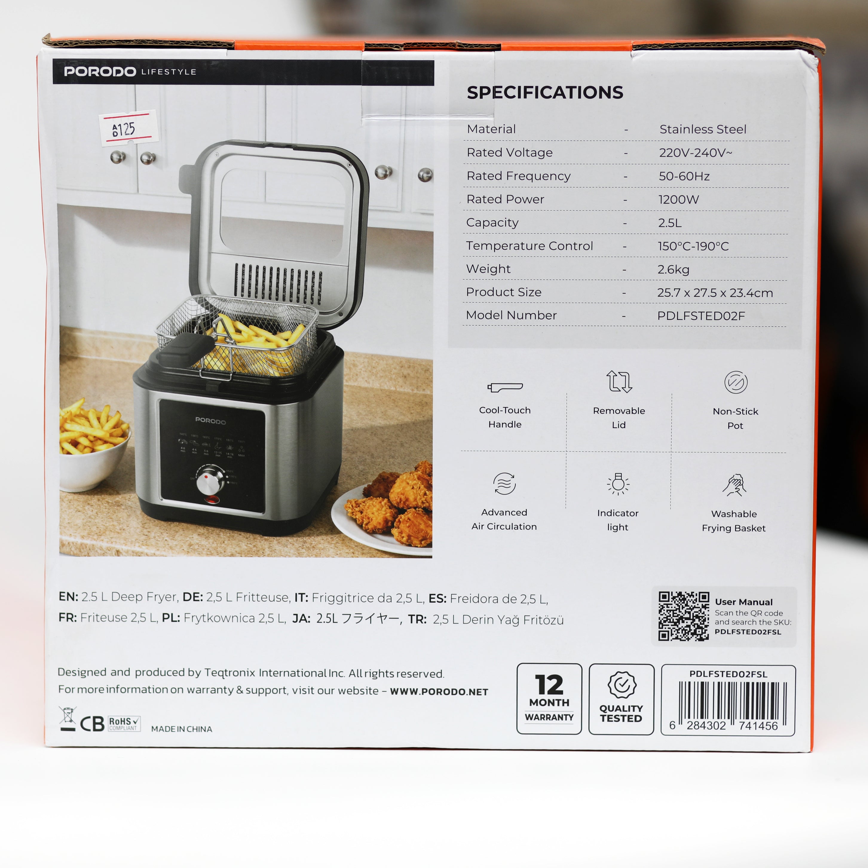 قلاية زيت Porodo من الستانلس ستيل بسعة 2.5 لتر – قدرة 1200 واط