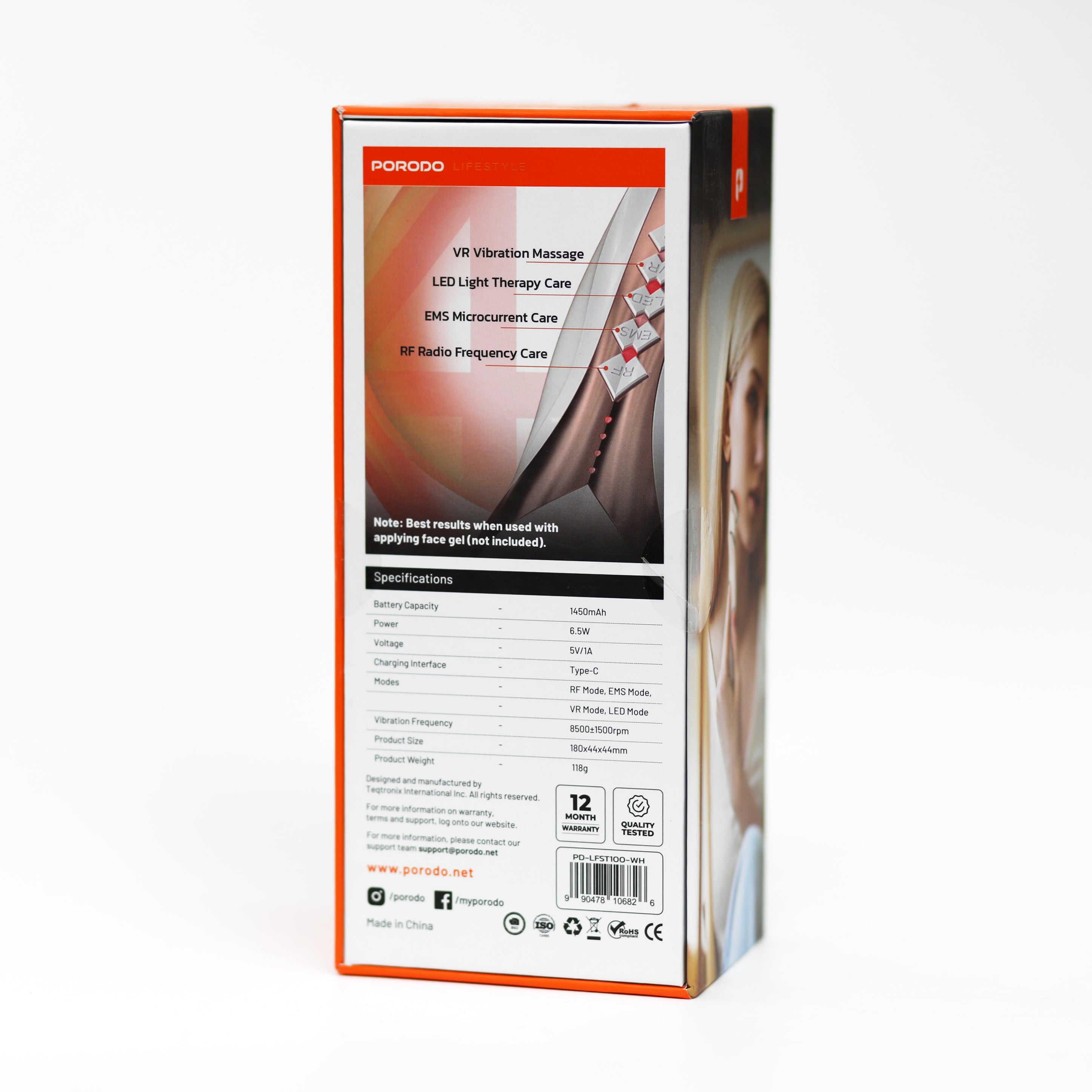 جهاز مساج الوجه بتقنية RF و EMS مع العلاج الضوئي Porodo 4-in-1 Face Massager