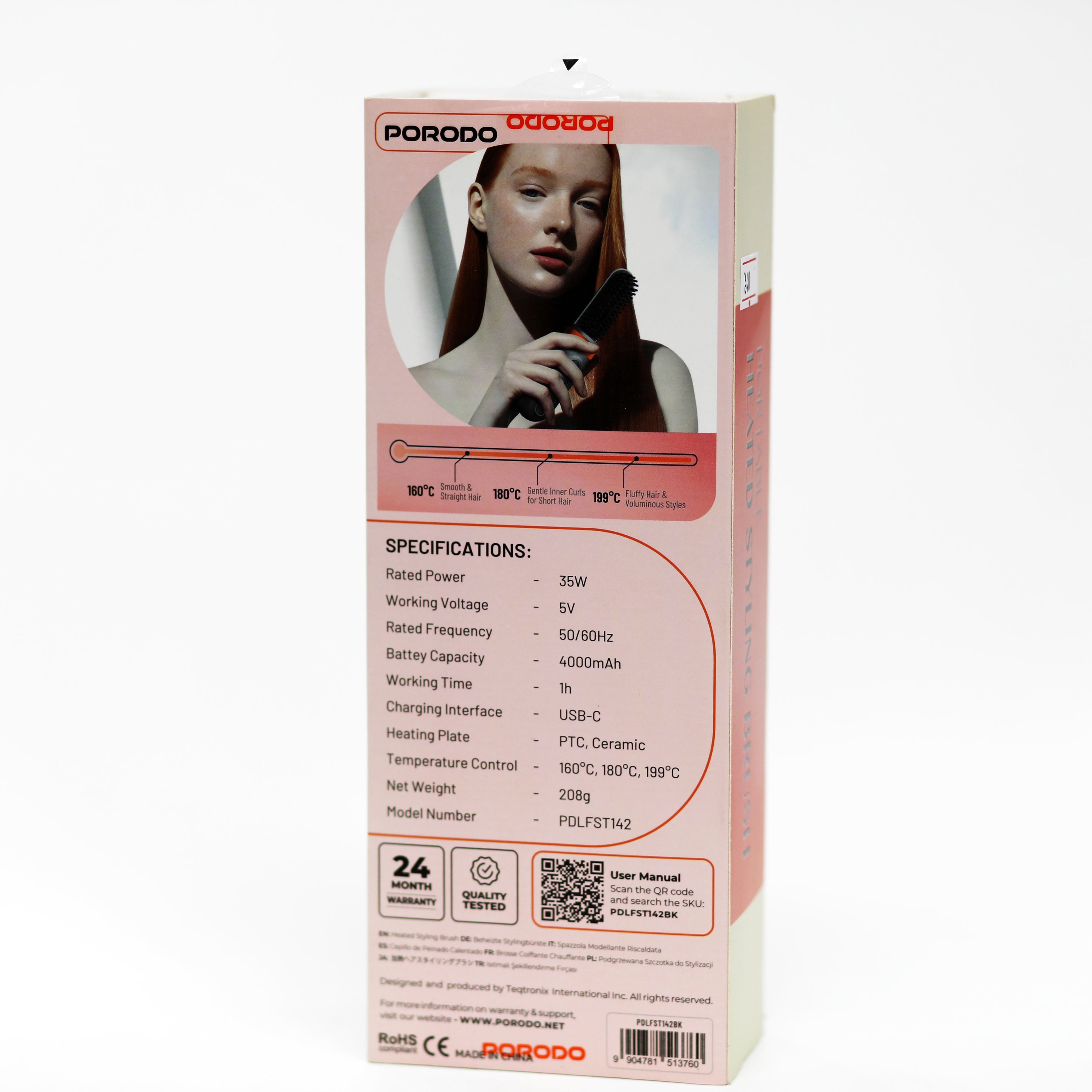 فرشاة تصفيف الشعر الحرارية اللاسلكية Porodo Portable Heated Styling Brush