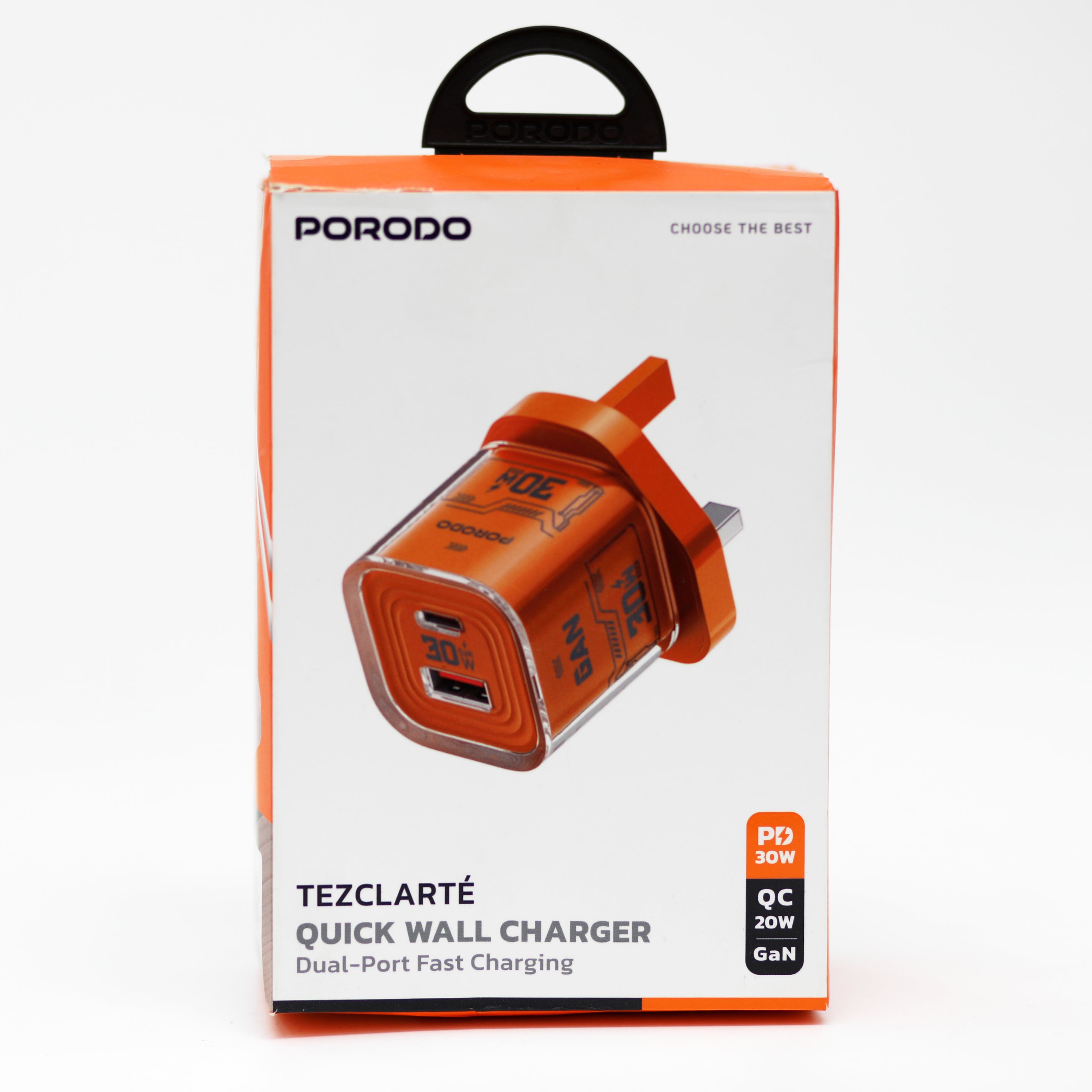 شاحن Porodo Tezclarte GaN سريع 30 واط بمنفذين USB-C وUSB-A
