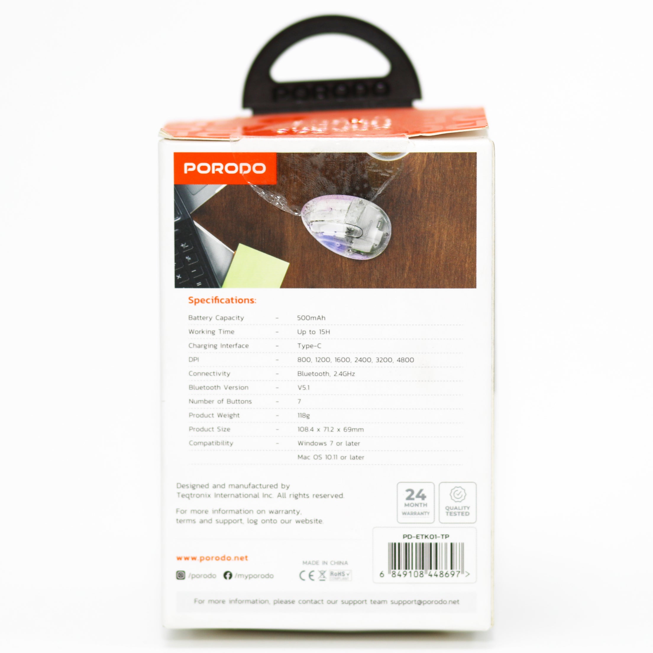 Porodo Vertical Wireless Mouse 4800 DPI Dual Mode Bluetooth & 2.4GHz