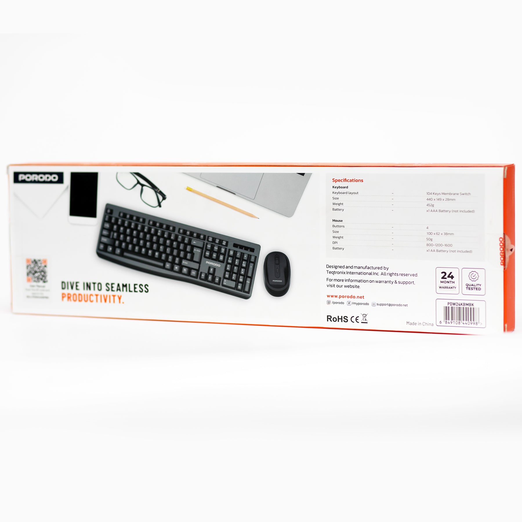 Porodo Dual Mode Wireless Keyboard Mouse Set Bluetooth & 2.4GHz Full Size Combo for PC & Laptop