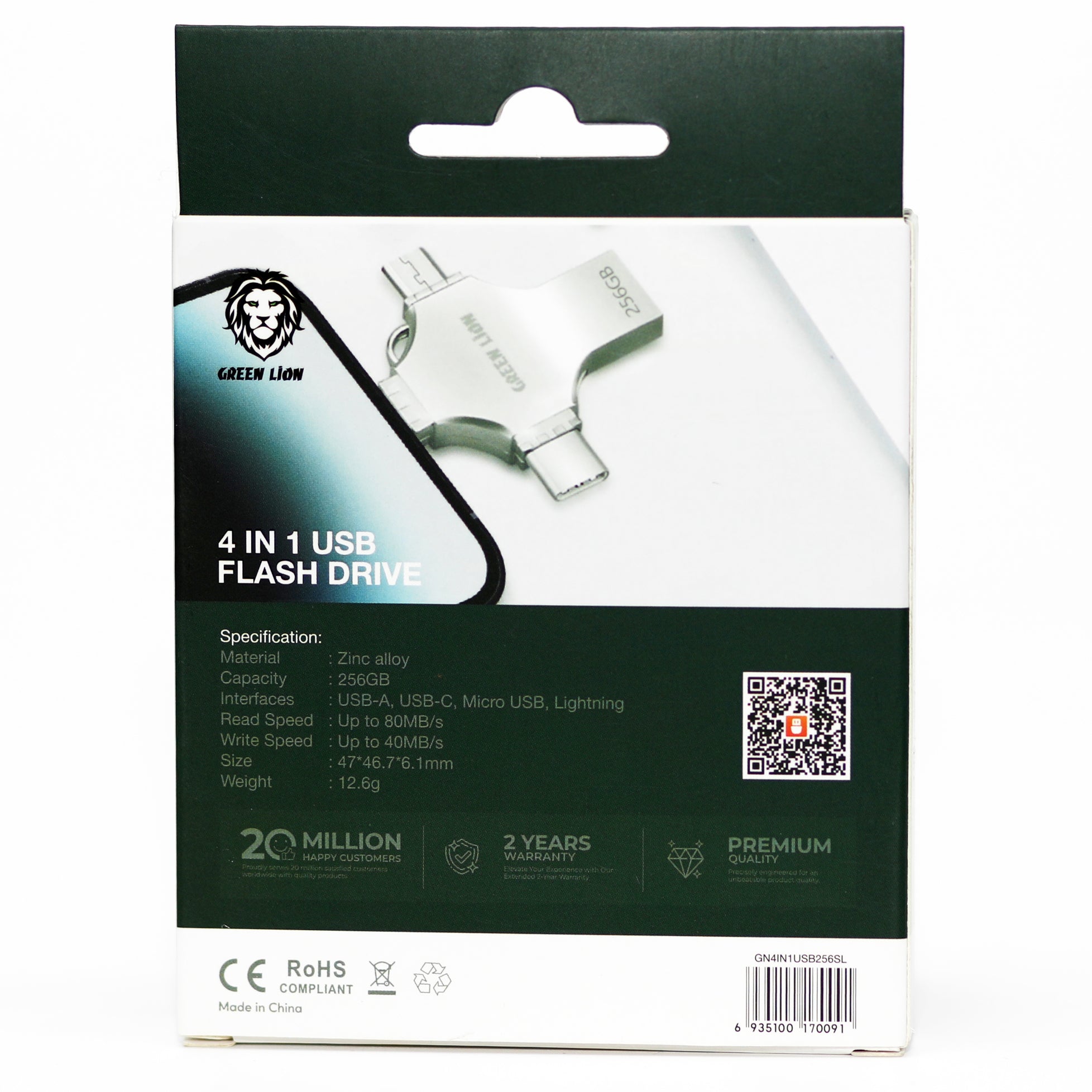 Green Lion 4-in-1 USB Flash Drive 256GB USB-C Lightning Micro USB