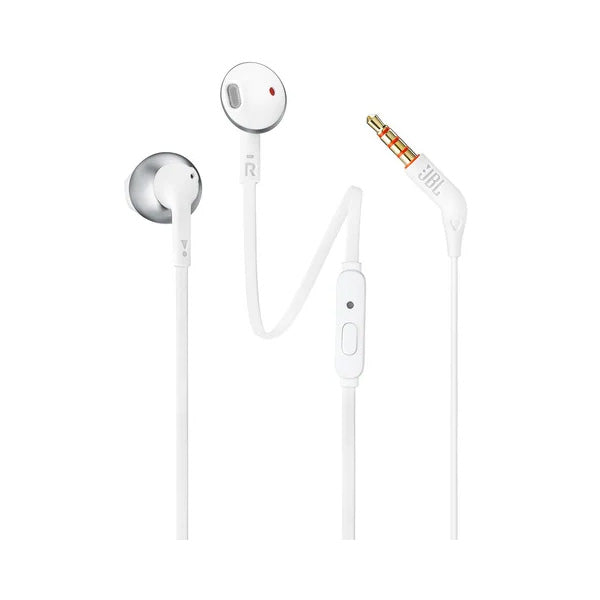 سماعات JBL Tune 205 السلكية بتقنية Pure Bass مع ميكروفون وكابل مسطح – أسود / أبيض