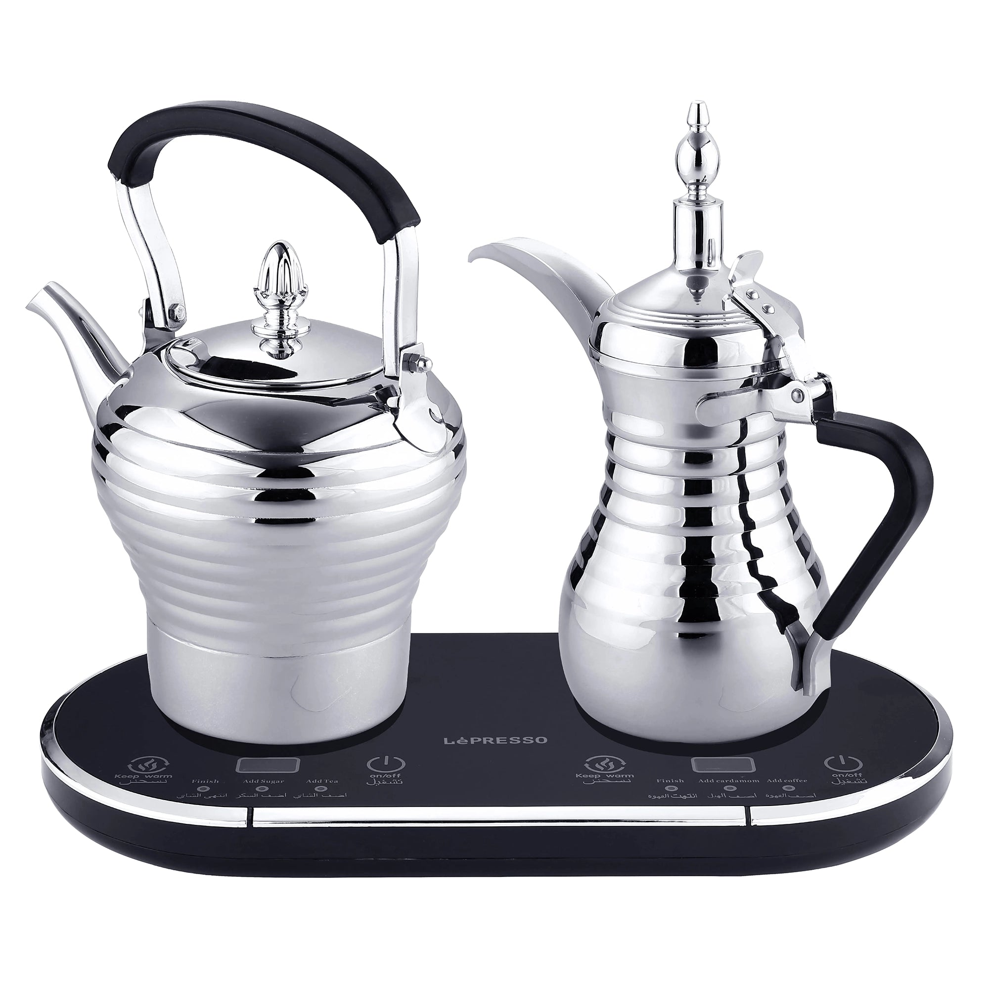 Arabic Coffee & Tea Dallah Set with Smart Heating Base – Dual Pot Stainless Steel Electric Warmer 1600W – LéPresso