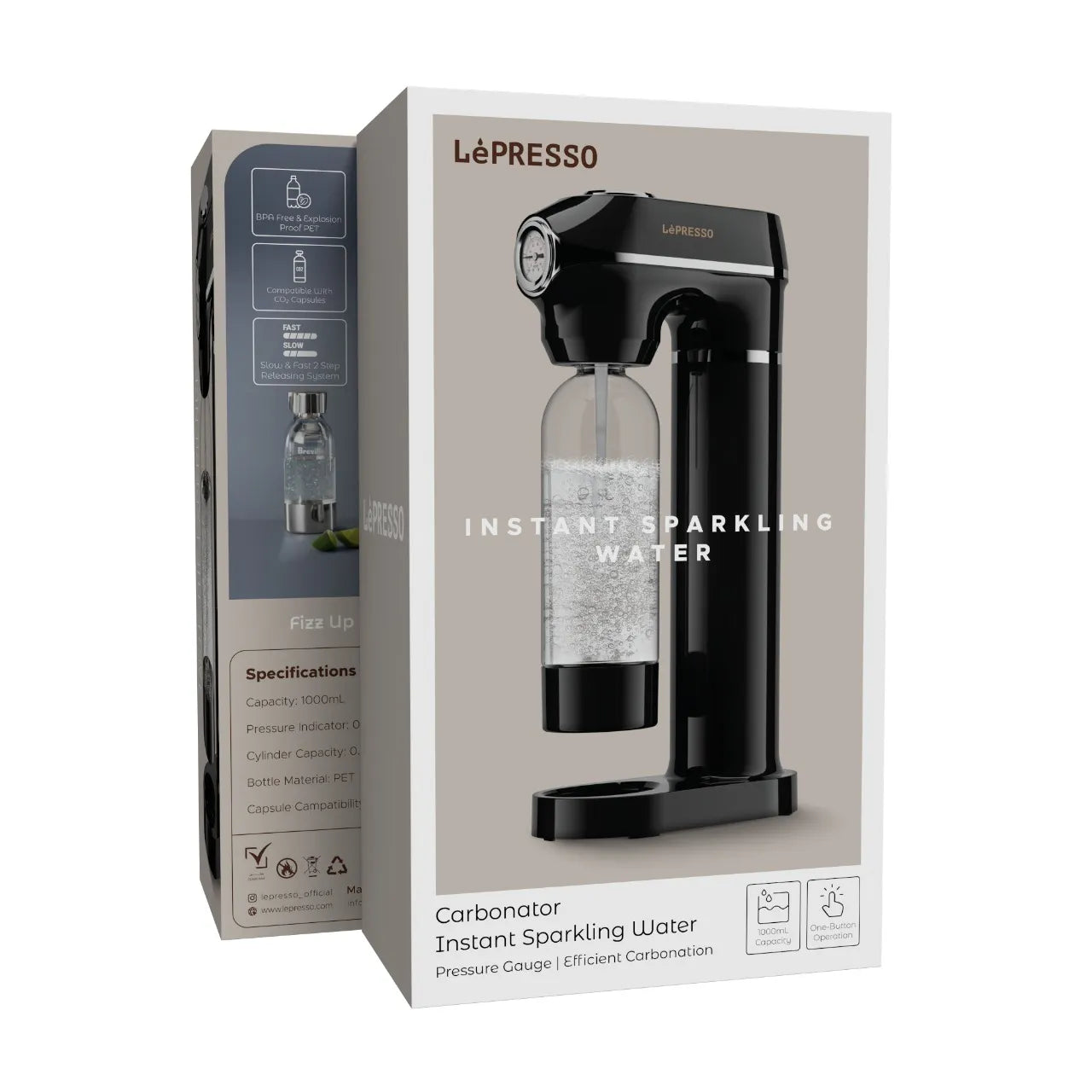 Instant Sparkling Water Carbonator with One-Button Operation & Pressure Gauge – Black (LPCFFM0019) – LéPresso