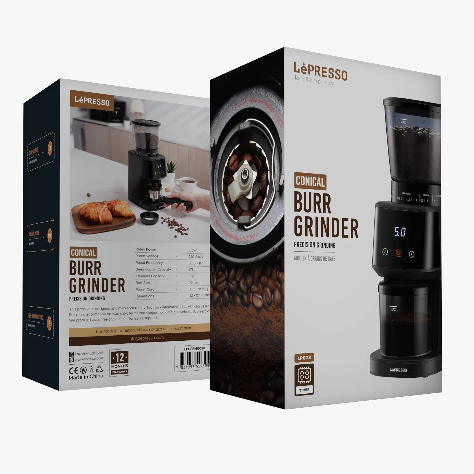 Conical Burr Coffee Grinder 165W with Timer & Precision Grinding – Black (LPCFFM0028) – LéPresso