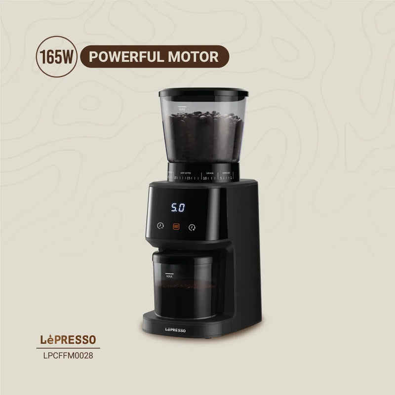 مطحنة قهوة مخروطية احترافية 165 واط مع مؤقت وتحكم دقيق – أسود (LPCFFM0028) من LéPresso-2