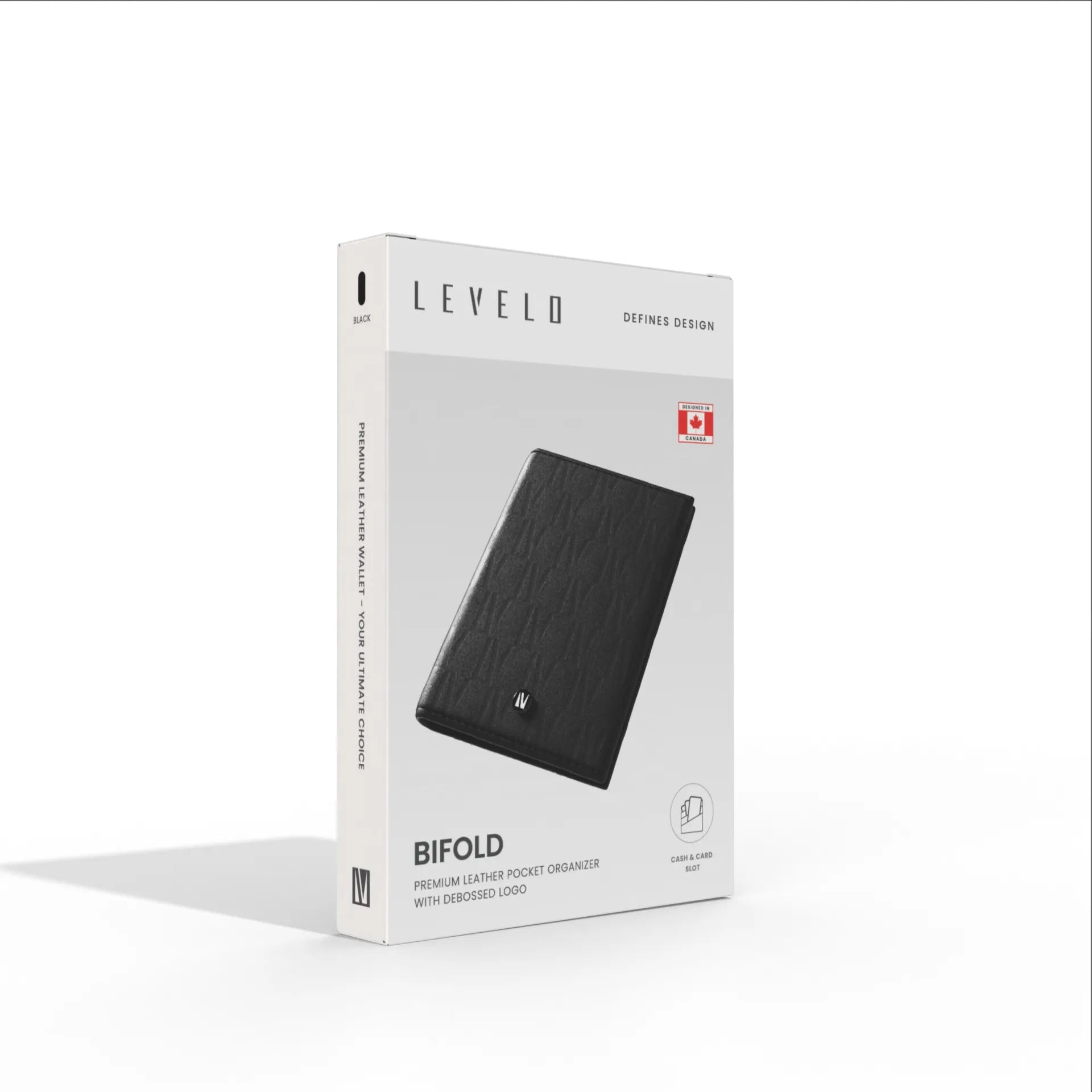 Levelo Bifold Genuine Leather Wallet with Debossed Logo – Premium Pocket Organizer - Black