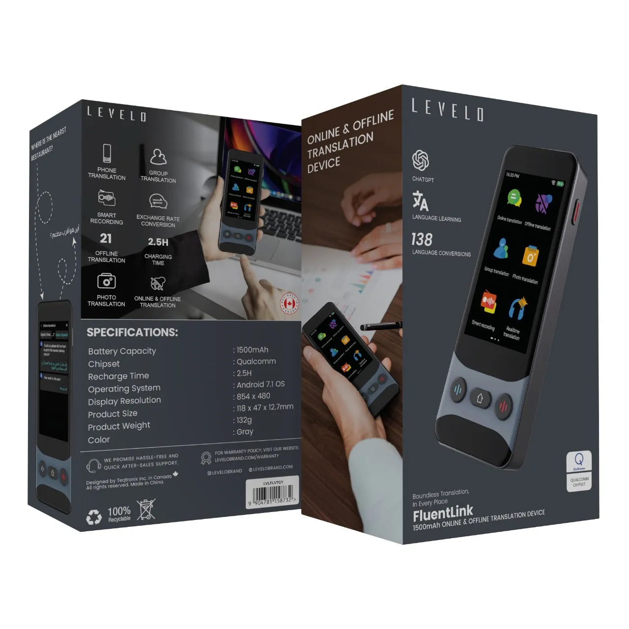 Levelo FluentLink Offline & Online Voice Translator - Grey