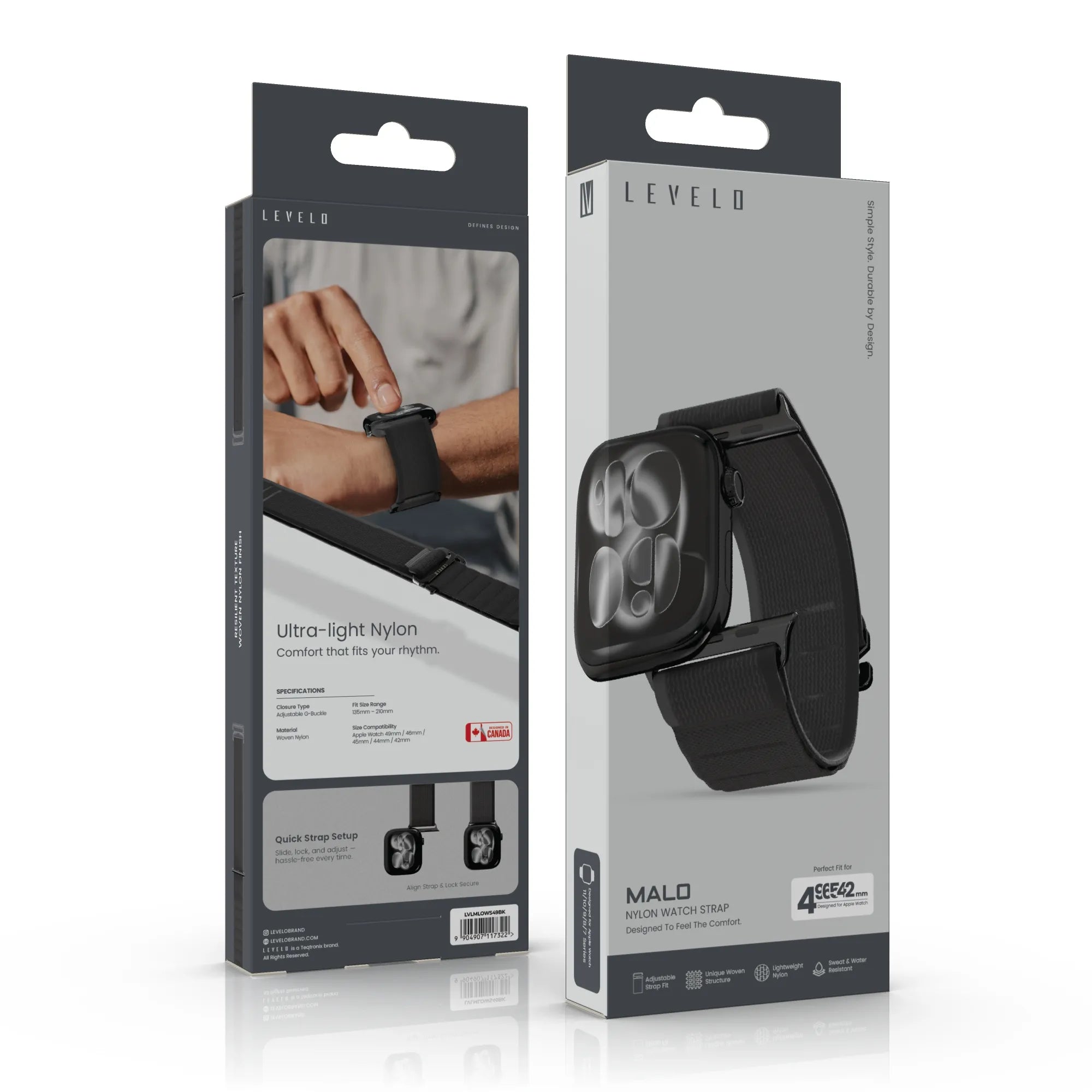 Levelo Malo Nylon Watch Strap for Apple Watch 49mm – Ultra-Light, Breathable & Durable Design (Black)