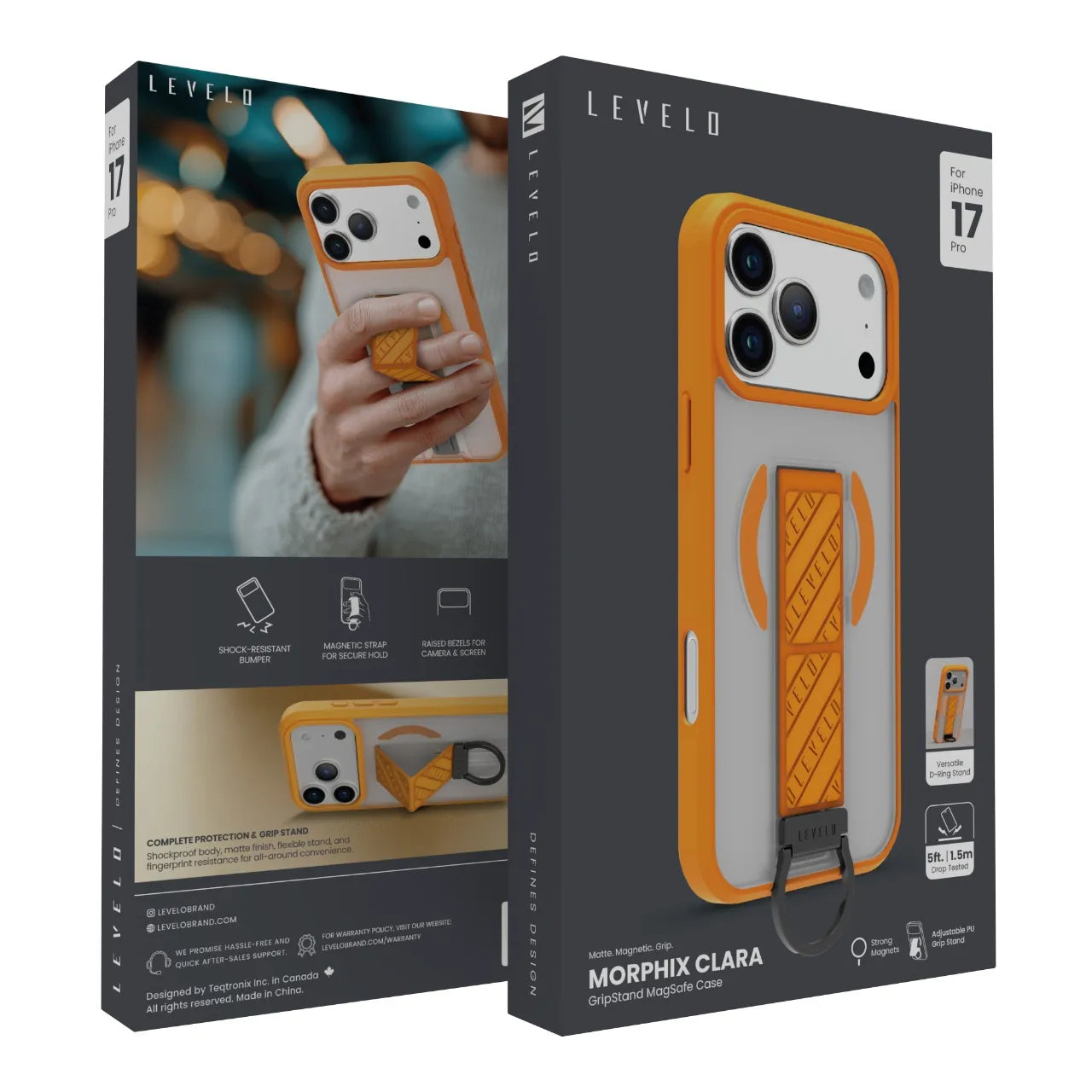 Levelo Morphix Clara Grip Case for iPhone 17 Pro – Shock Resistant, Magnetic Grip & Stand (Sunrise Orange)