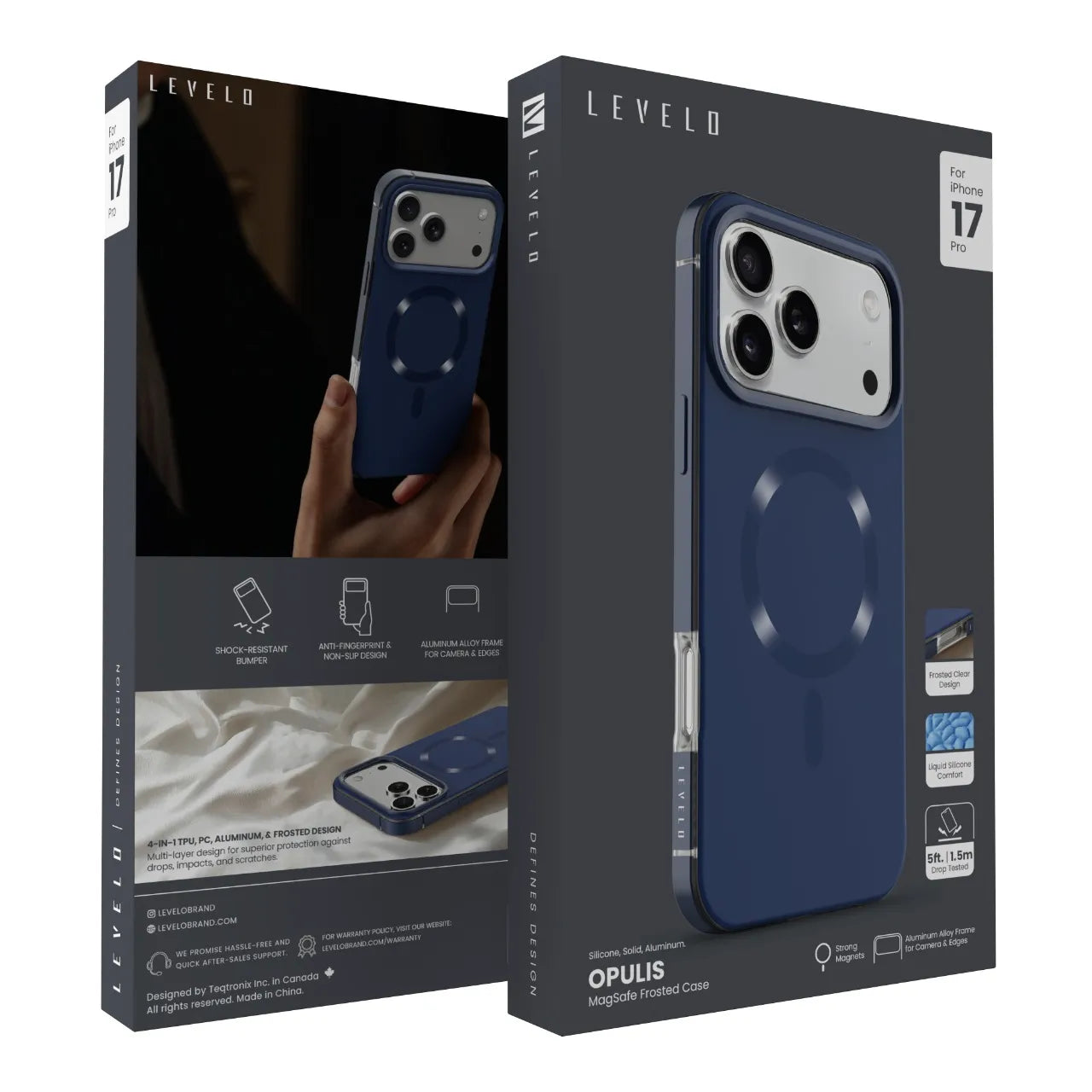 كفر iPhone 17 Pro / Pro Max Opulis MagSafe بإطار ألومنيوم – حماية متعددة الطبقات – Midnight Blue من Levelo (ليفيلو)