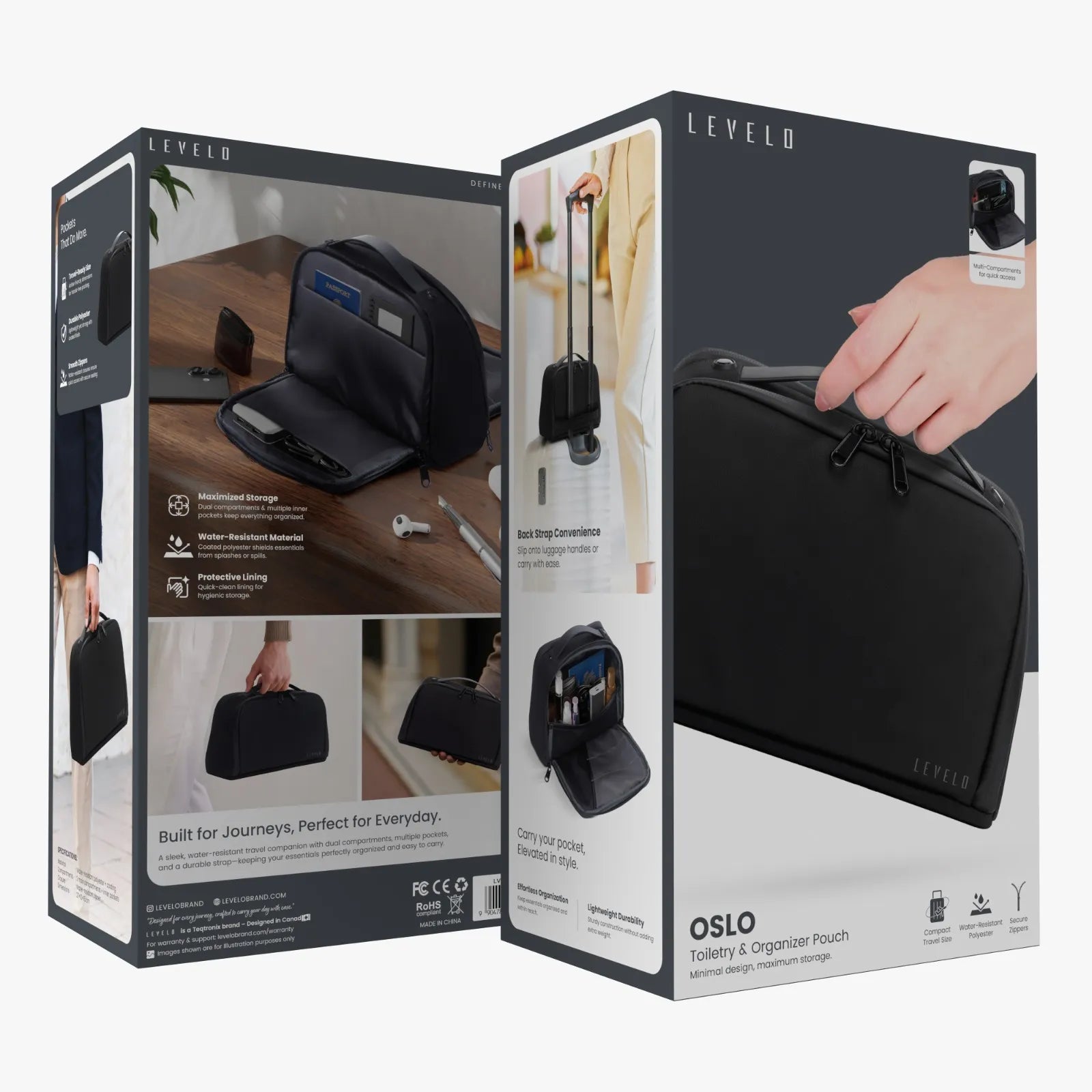 Levelo Oslo Toiletry & Organizer Pouch – Sleek Travel Storage (Black)