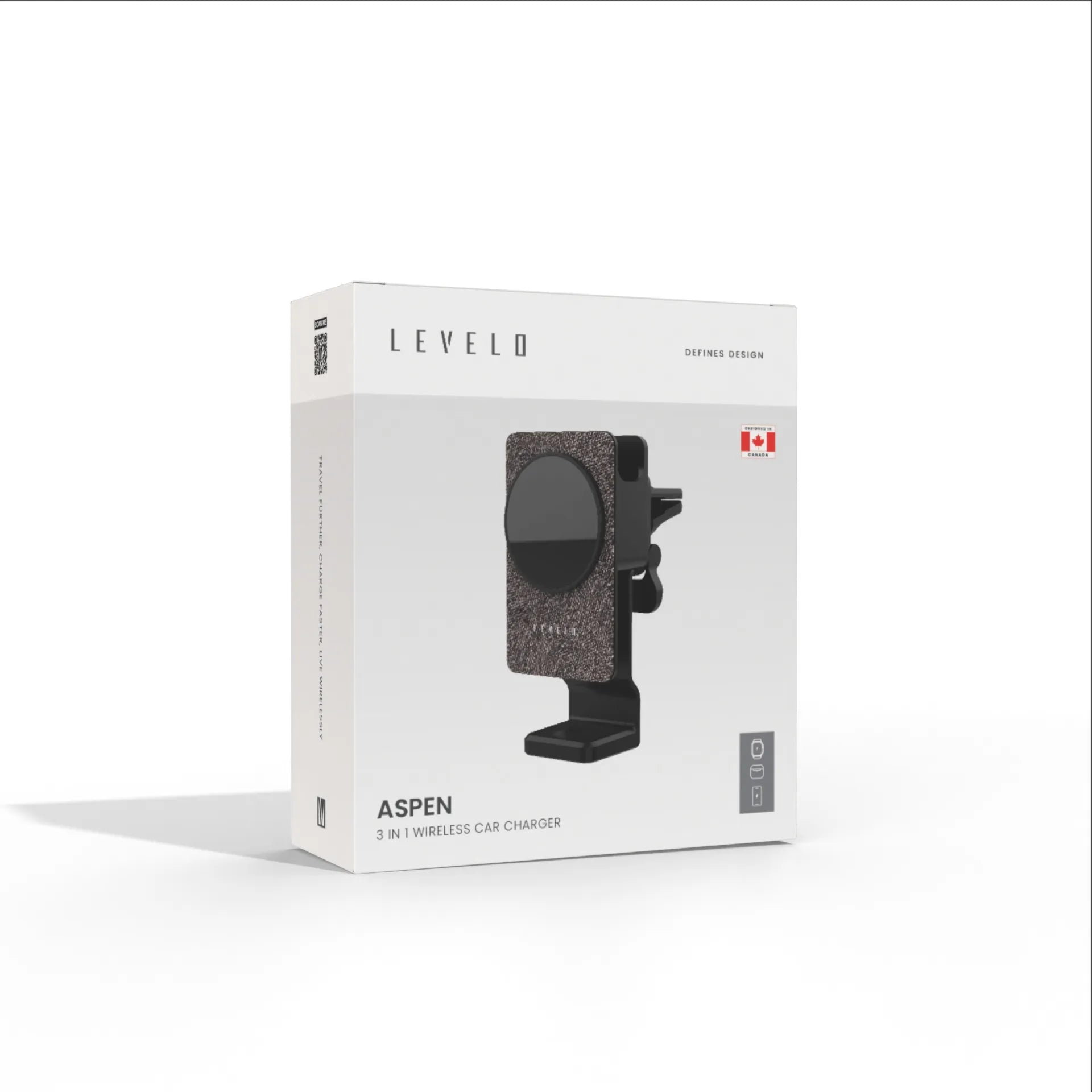 Levelo Aspen 3-in-1 Wireless Car Charger Mount – Fast Charging Magnetic Holder - Black & Grey