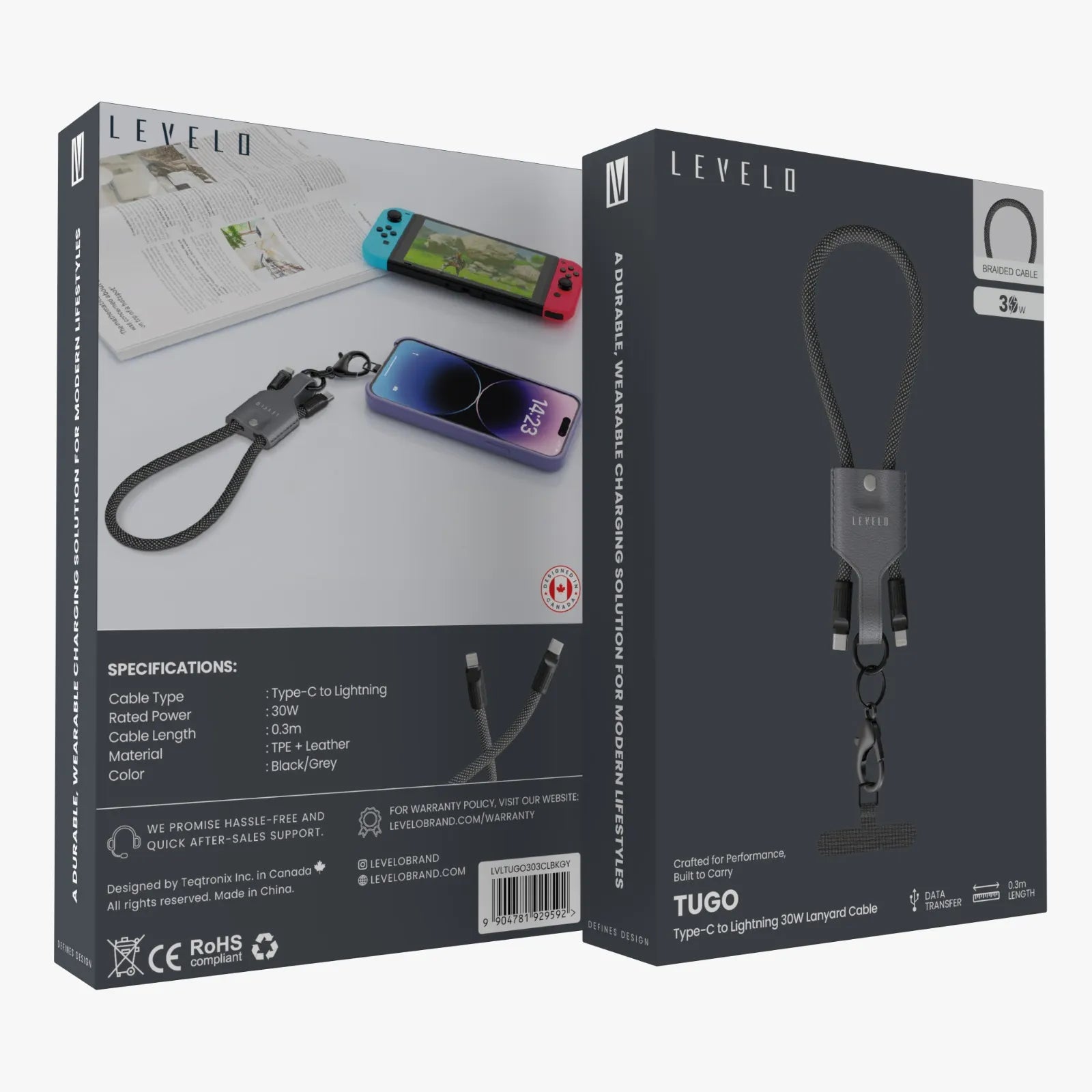 Levelo Tugo Type-C to Lightning 30W Lanyard Cable – Gray (0.3m)