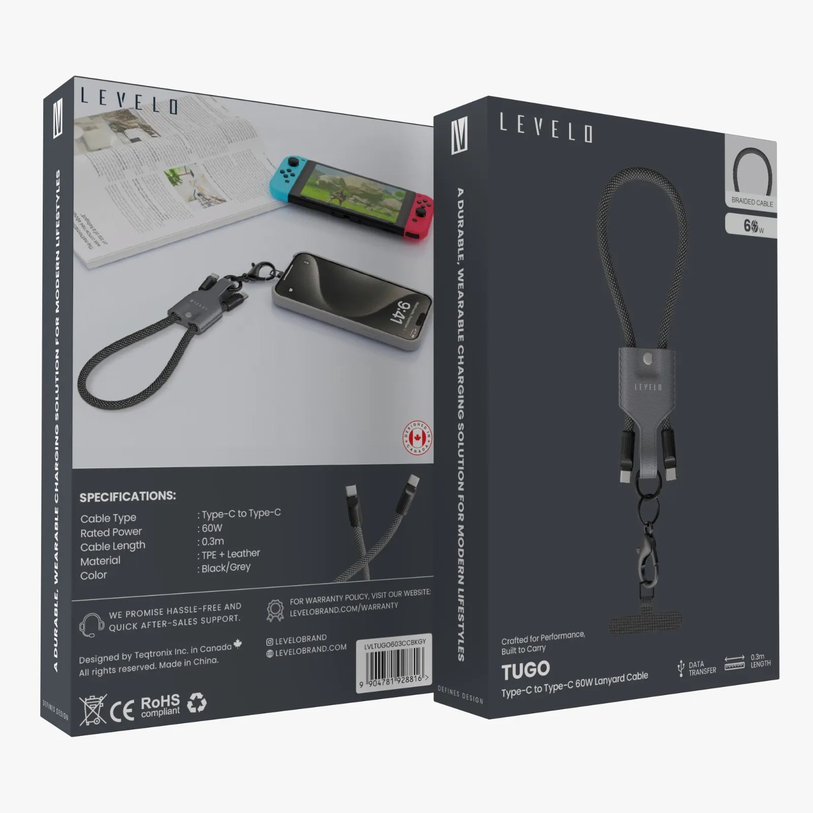 Levelo Tugo Type-C to Type-C 60W Lanyard Cable – Gray