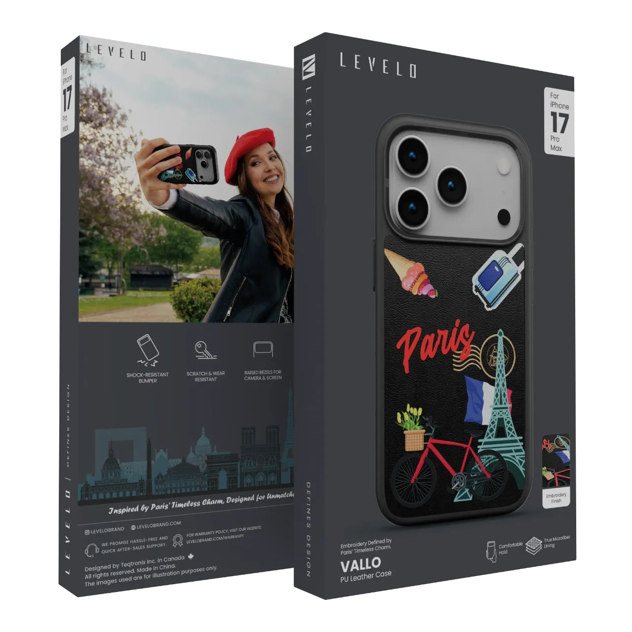 Levelo Vallo PU Leather Case for iPhone 17 Pro Max – Paris Design