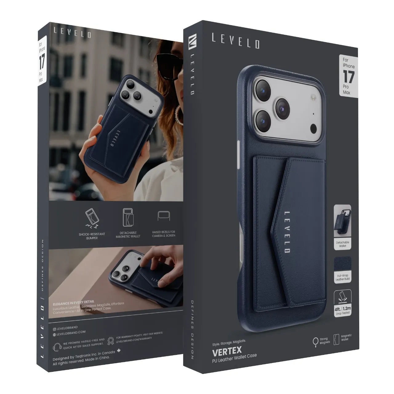 Levelo Vertex PU Leather Wallet Case for iPhone 17 Pro Max – Dark Blue