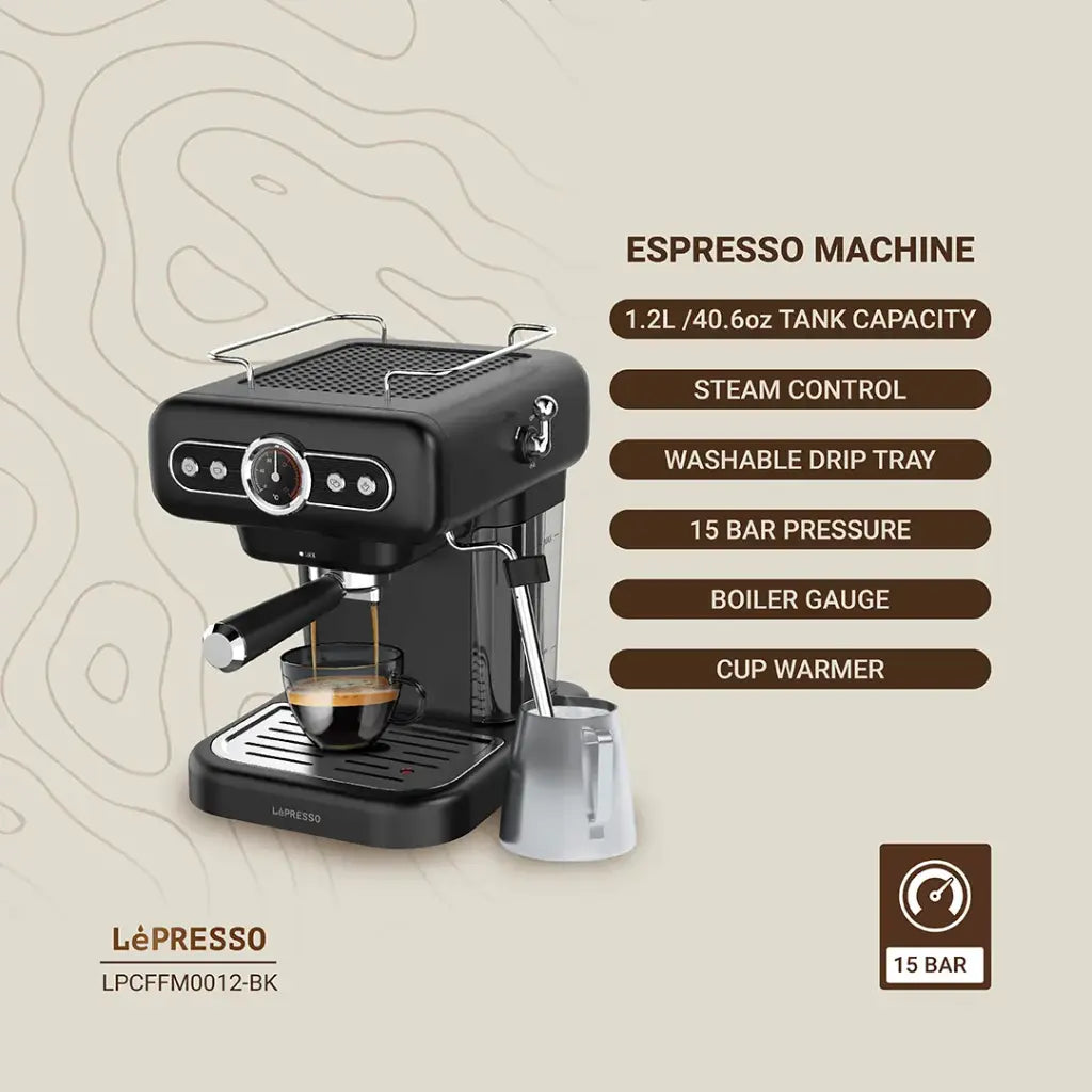 ماكينة اسبريسو ريترو بضغط 15 بار مع بخار الحليب ومؤشر ضغط – ليبريسو LePresso Espresso Machine