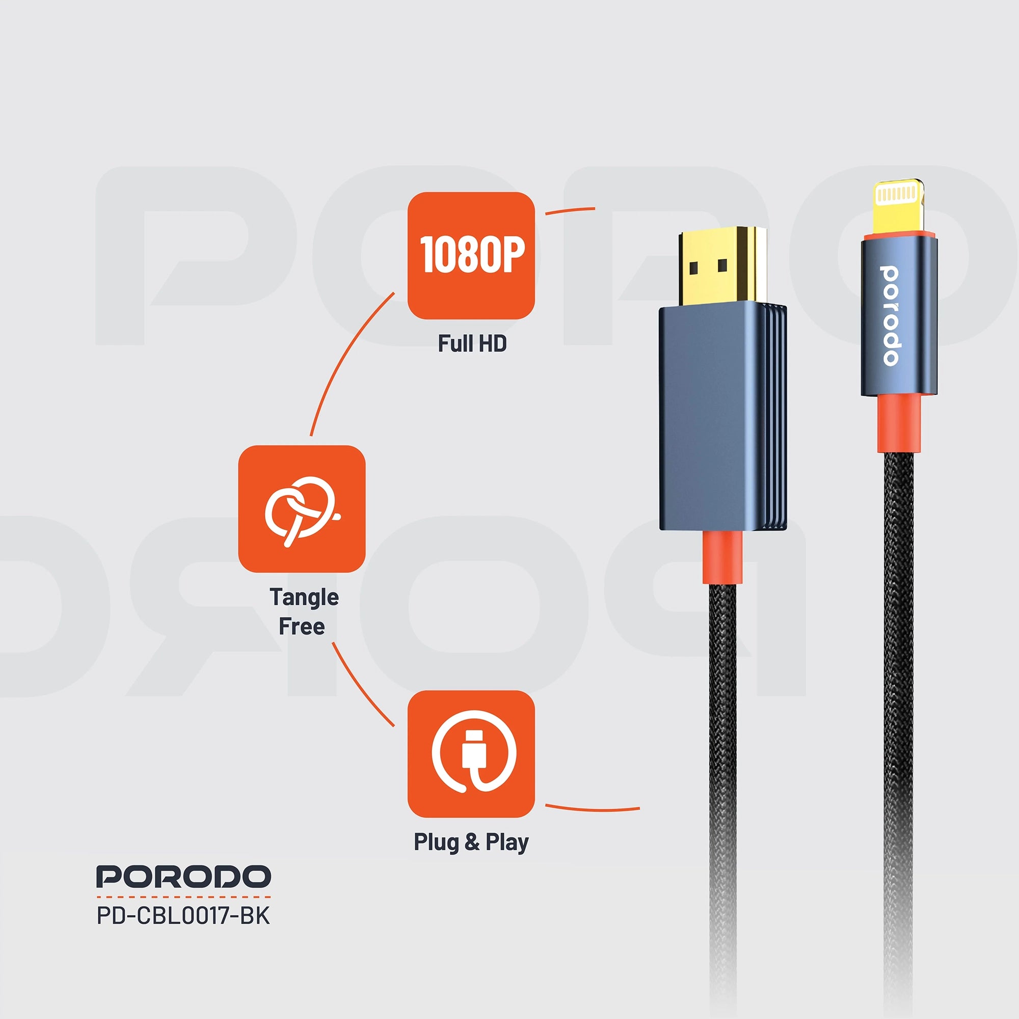 كابل Porodo مضفر Lightning إلى HDMI بطول 2 متر ودقة Full HD 1080P – أسود