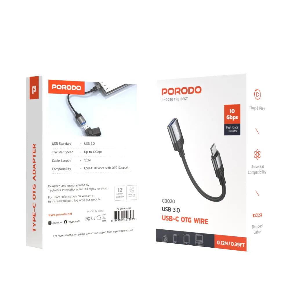 وصلة Porodo USB-C OTG USB 3.0 بسرعة 10Gbps بطول 12 سم – أسود