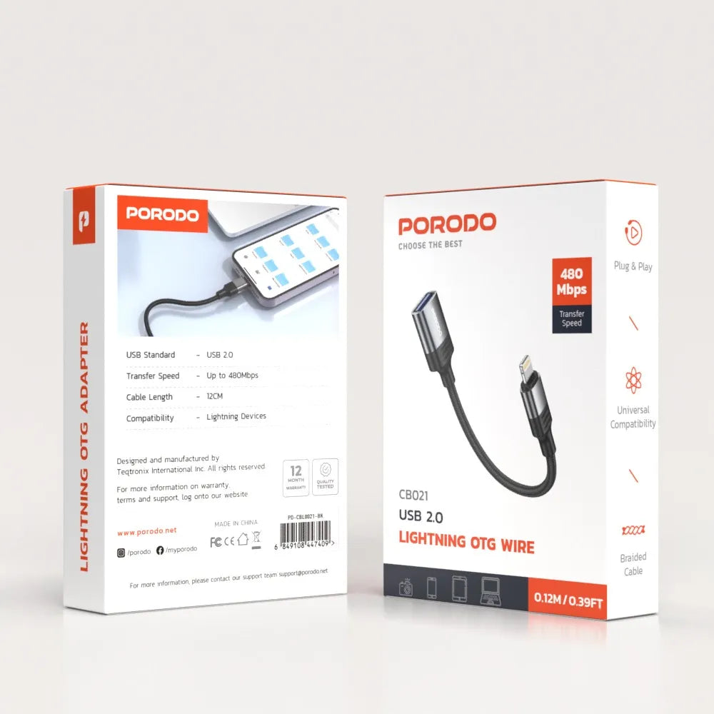 وصلة Porodo Lightning OTG USB 2.0 بسرعة 480Mbps بطول 12 سم – أسود