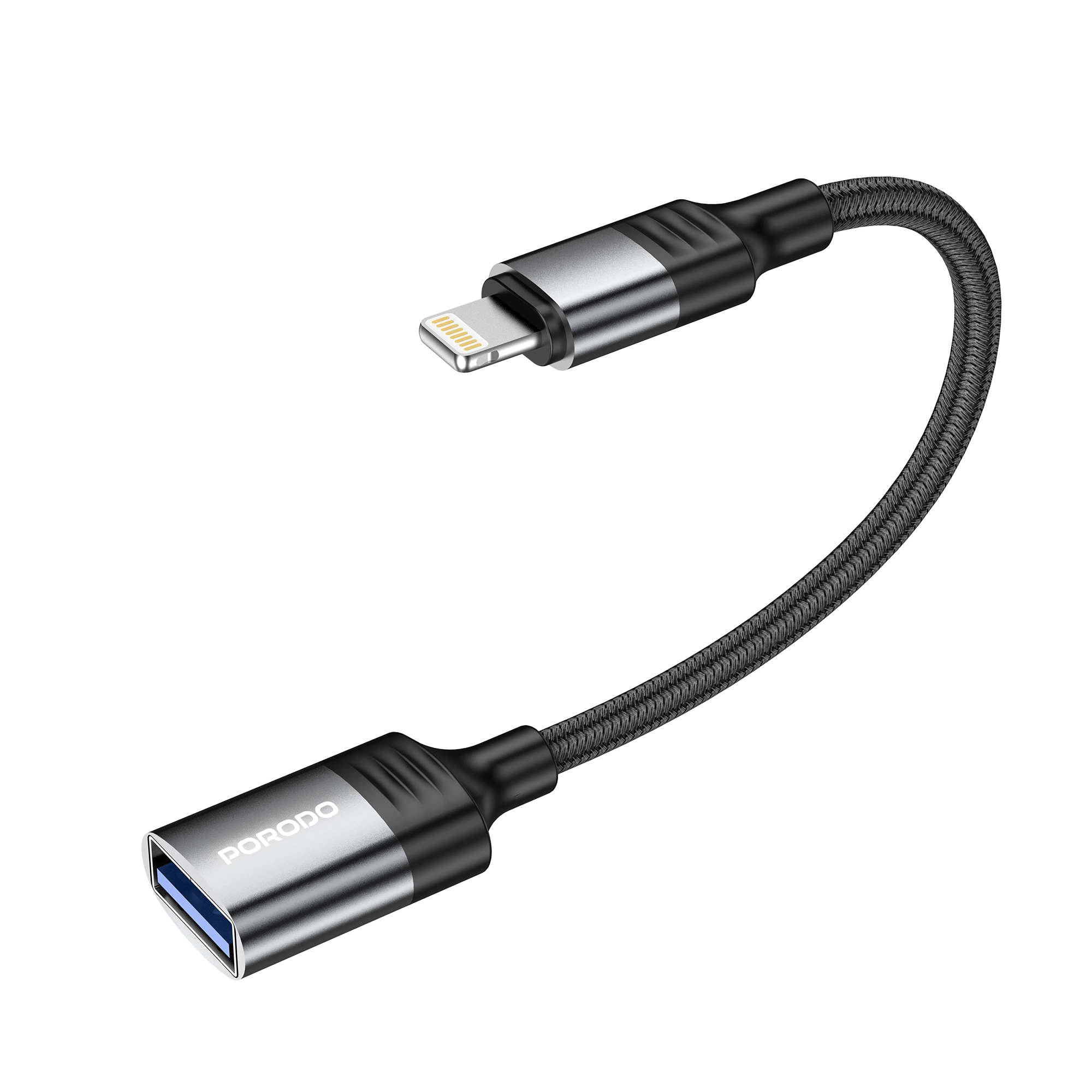 وصلة Porodo Lightning OTG USB 2.0 بسرعة 480Mbps بطول 12 سم – أسود