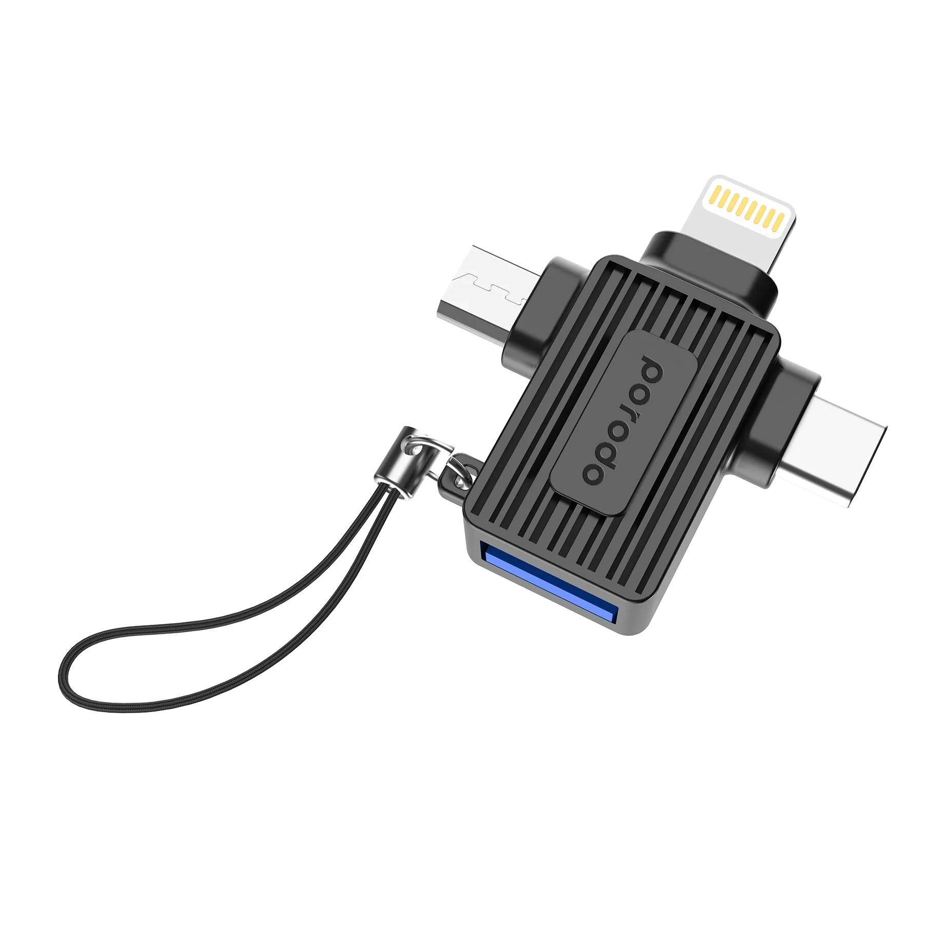 محول Porodo OTG متعدد المنافذ Type-C / Lightning / Micro USB بسرعة نقل 480Mbps – أسود