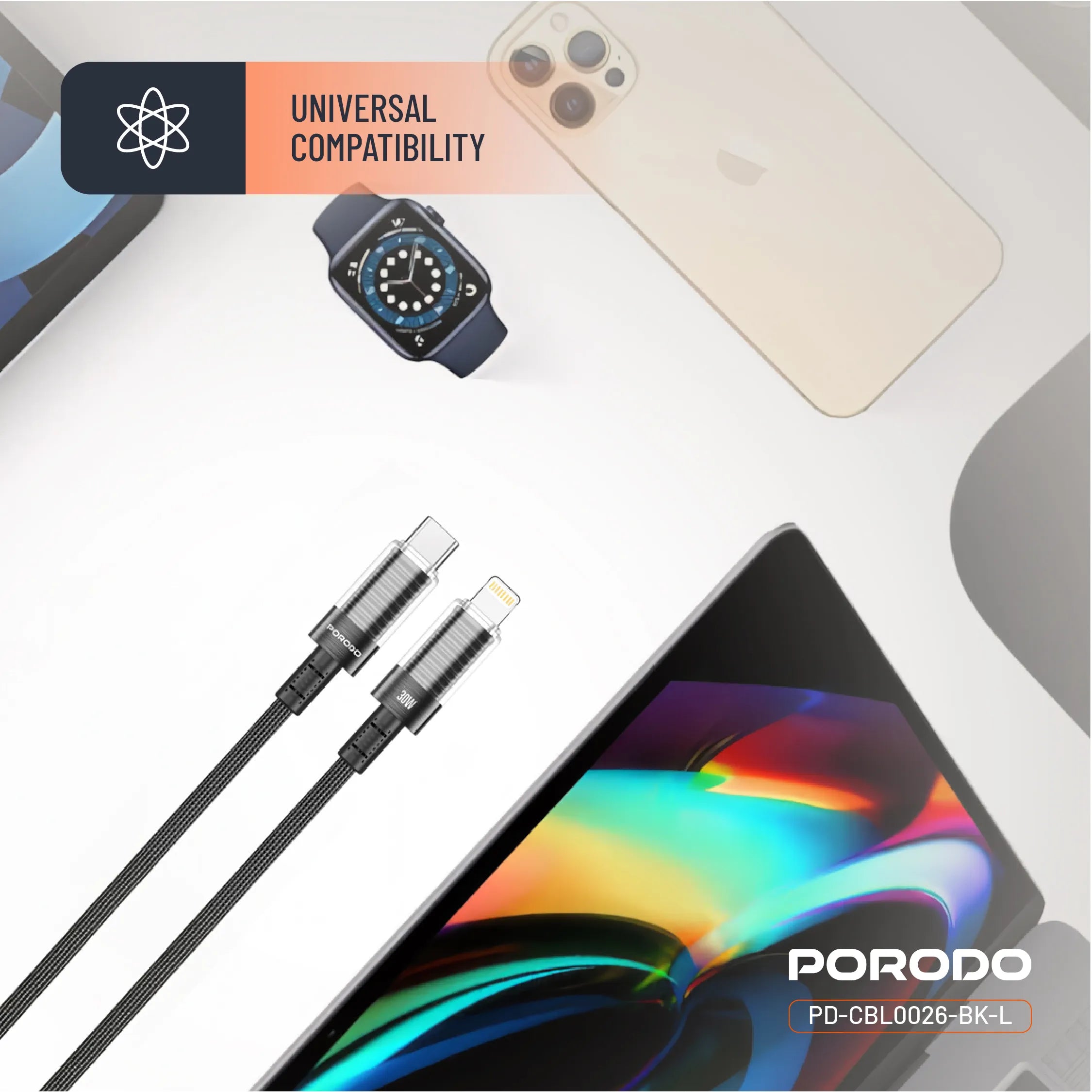 كابل شحن USB-C إلى Lightning سريع 60W بتصميم شفاف ومجدول 1.2 متر – بورودو