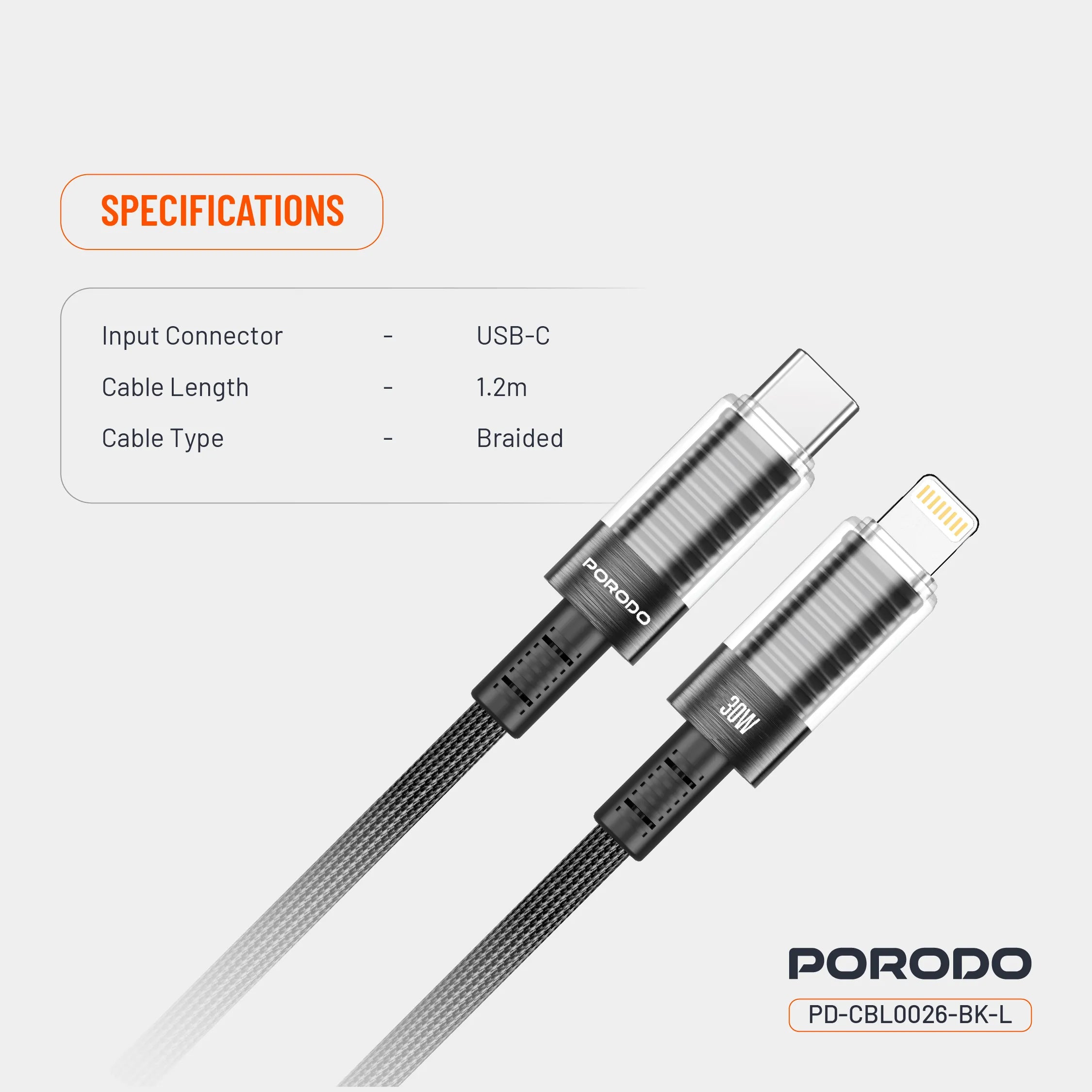 كابل شحن USB-C إلى Lightning سريع 60W بتصميم شفاف ومجدول 1.2 متر – بورودو