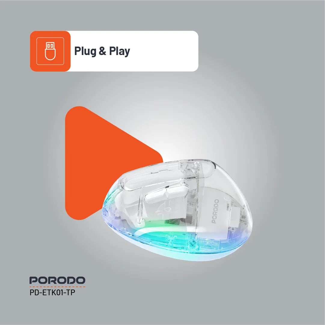 ماوس Porodo اللاسلكي العمودي Crystal Shell ثنائي الاتصال بدقة 4800 DPI – شفاف