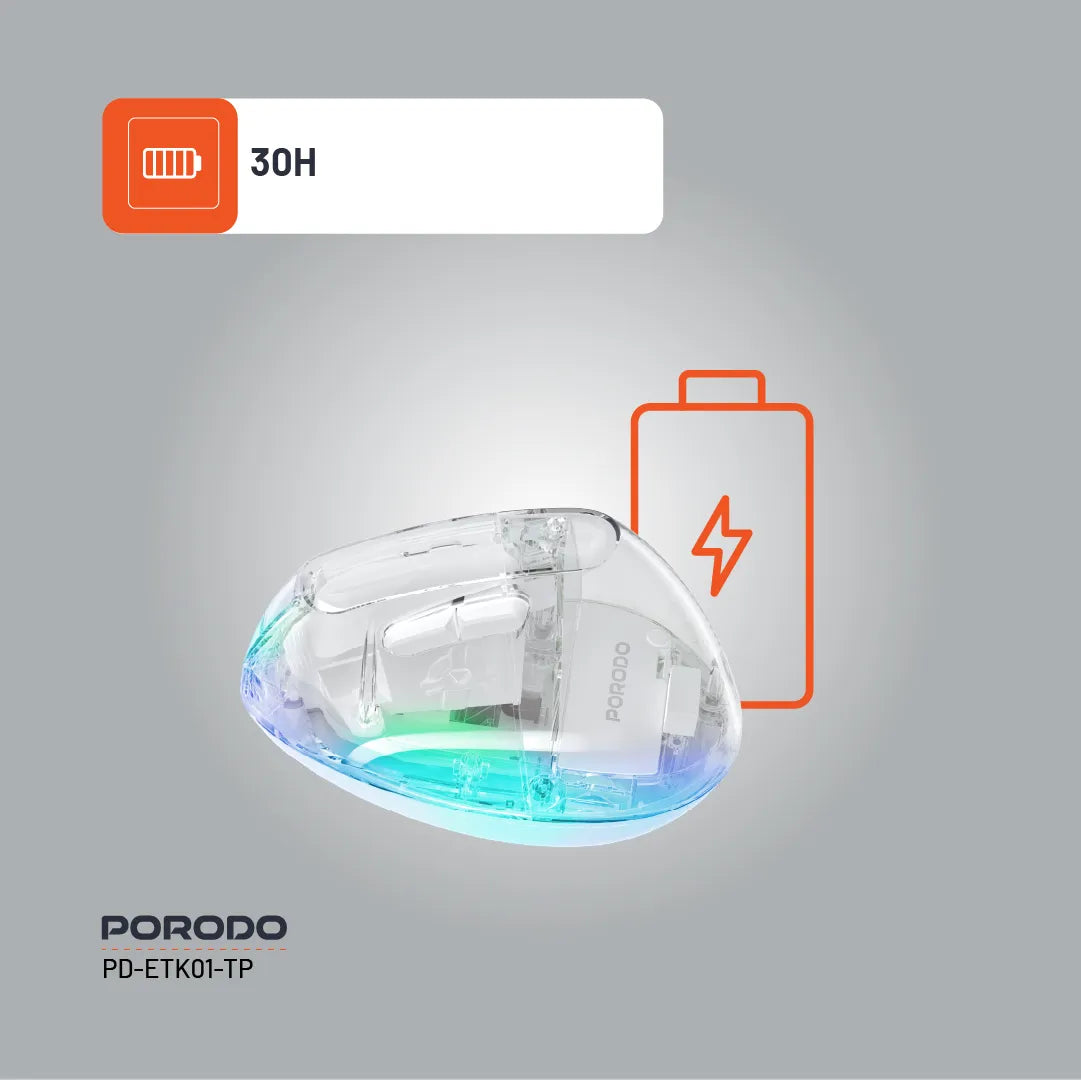 ماوس Porodo اللاسلكي العمودي Crystal Shell ثنائي الاتصال بدقة 4800 DPI – شفاف