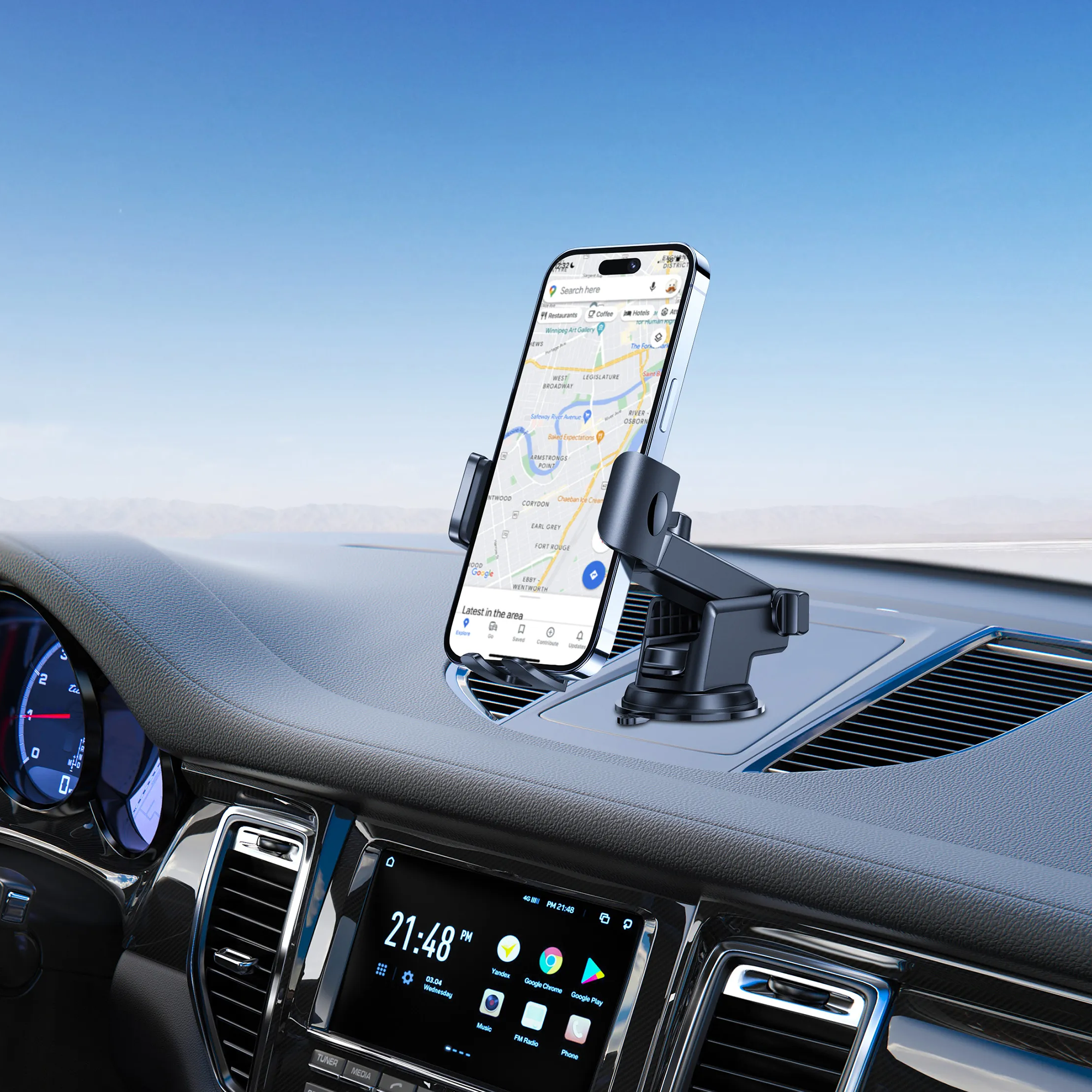Porodo Adjustable Dash & Windshield Phone Holder with Rotating Joints – Black