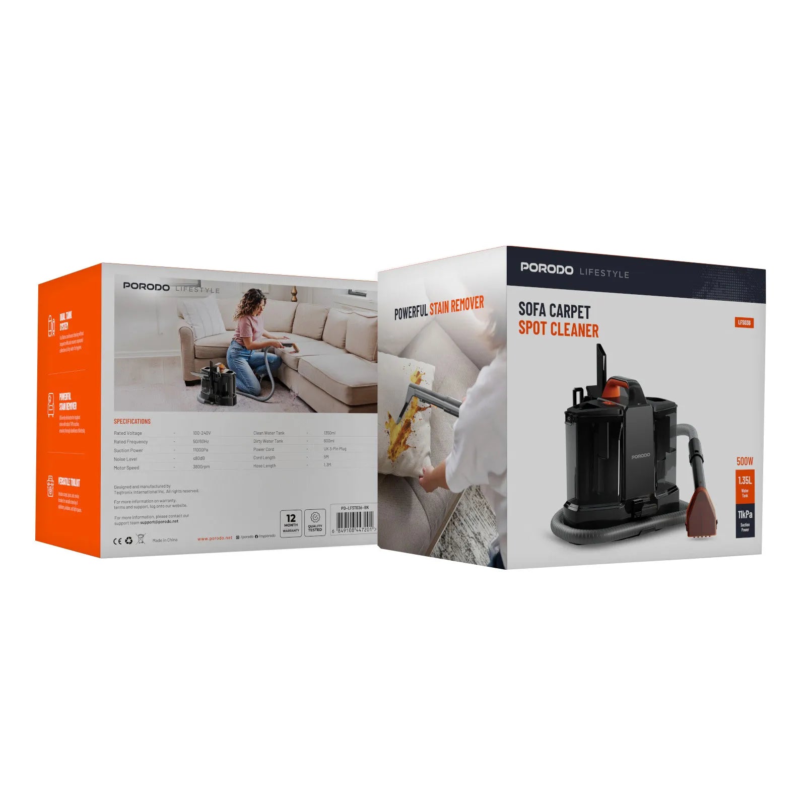 Porodo Lifestyle Sofa Carpet Spot Cleaner 500W Deep Cleaning Machine – Black