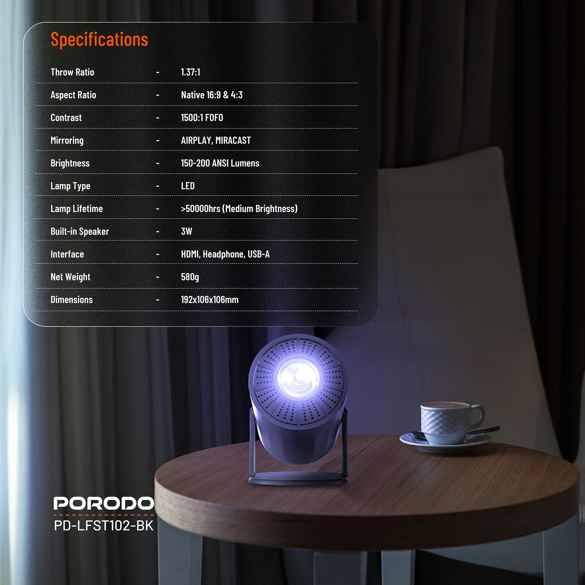 Porodo Wireless Mirroring Multi-Angle Projector Full HD 1080P Android 11 – Black
