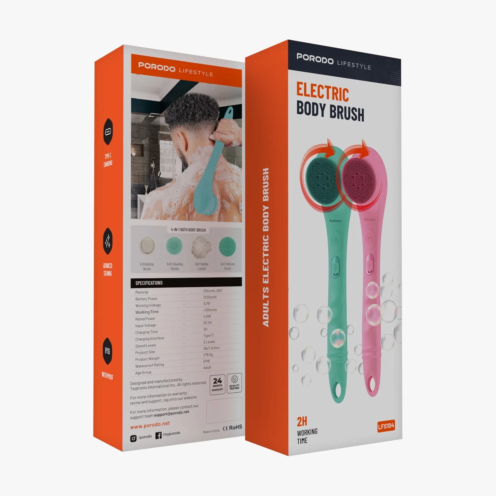 Porodo Lifestyle 4-in-1 Electric Body Brush – Waterproof Rechargeable Body Cleaner