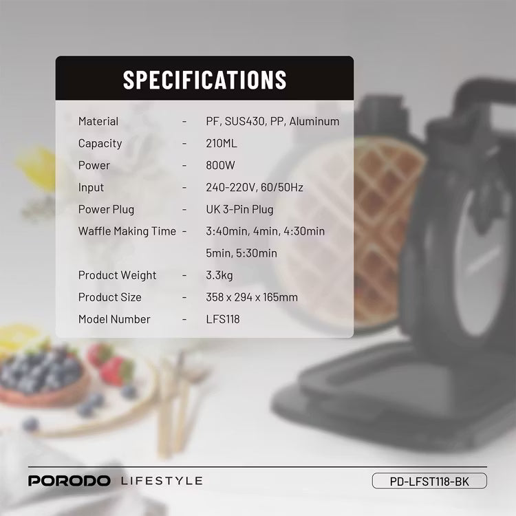 Porodo Vertical Waffle Maker 800W with Adjustable Heat Levels