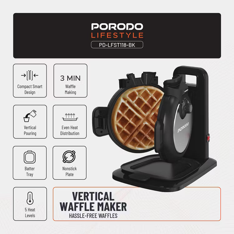 Porodo Vertical Waffle Maker 800W with Adjustable Heat Levels