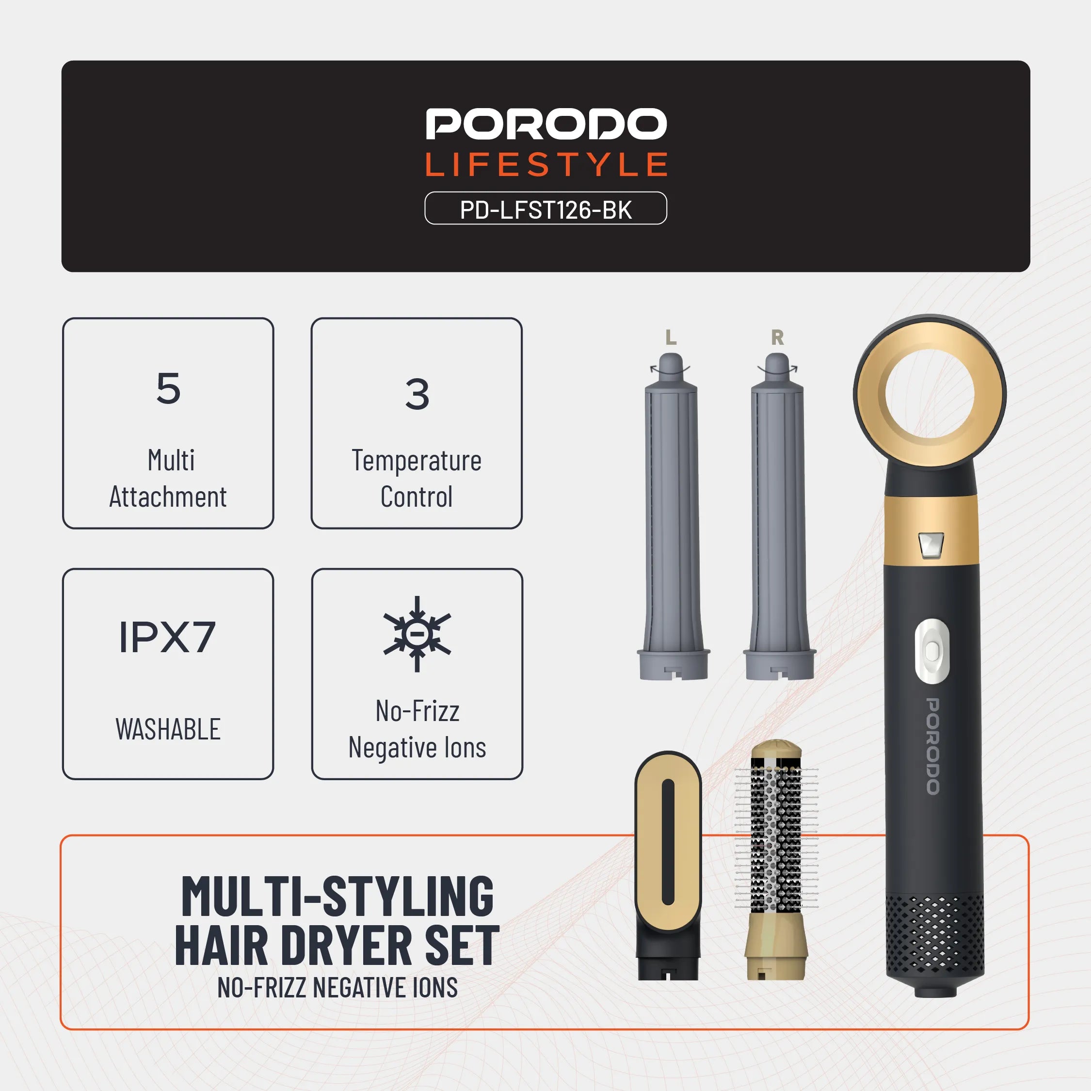 مصفف شعر هواء ساخن 5 في 1 بقدرة 600W مع سلك دوّار 360° – بورودو Porodo Lifestyle