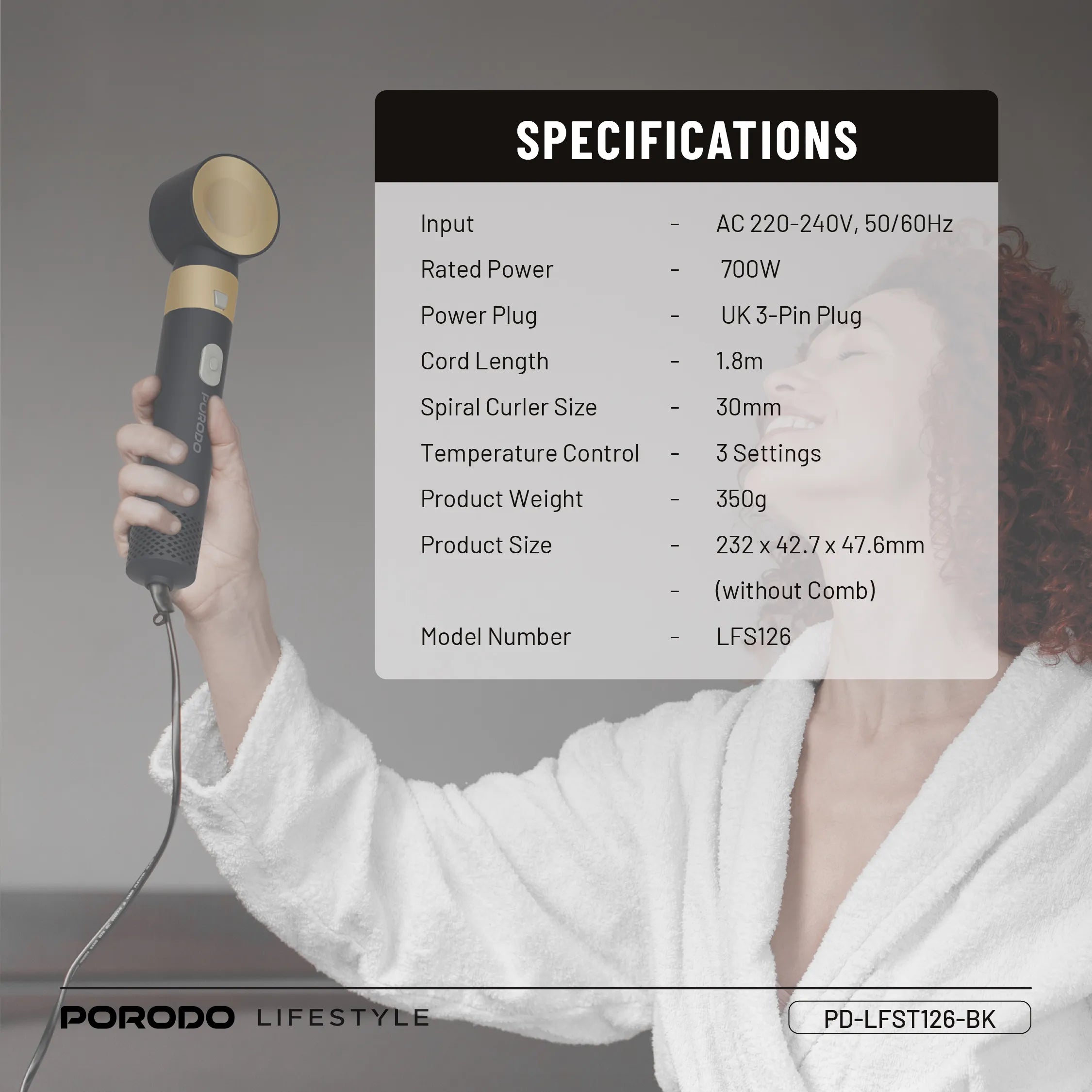 مصفف شعر هواء ساخن 5 في 1 بقدرة 600W مع سلك دوّار 360° – بورودو Porodo Lifestyle