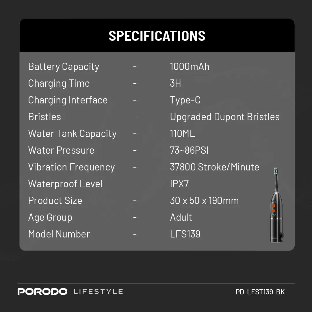 Porodo Lifestyle Water Floss & Sonic Electric Toothbrush 1000mAh IPX7