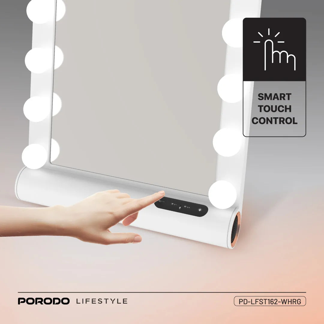 Porodo Hollywood Vanity Mirror with Bluetooth Speaker – 15 LED Lights, Smart Touch Control, 3 Light Modes