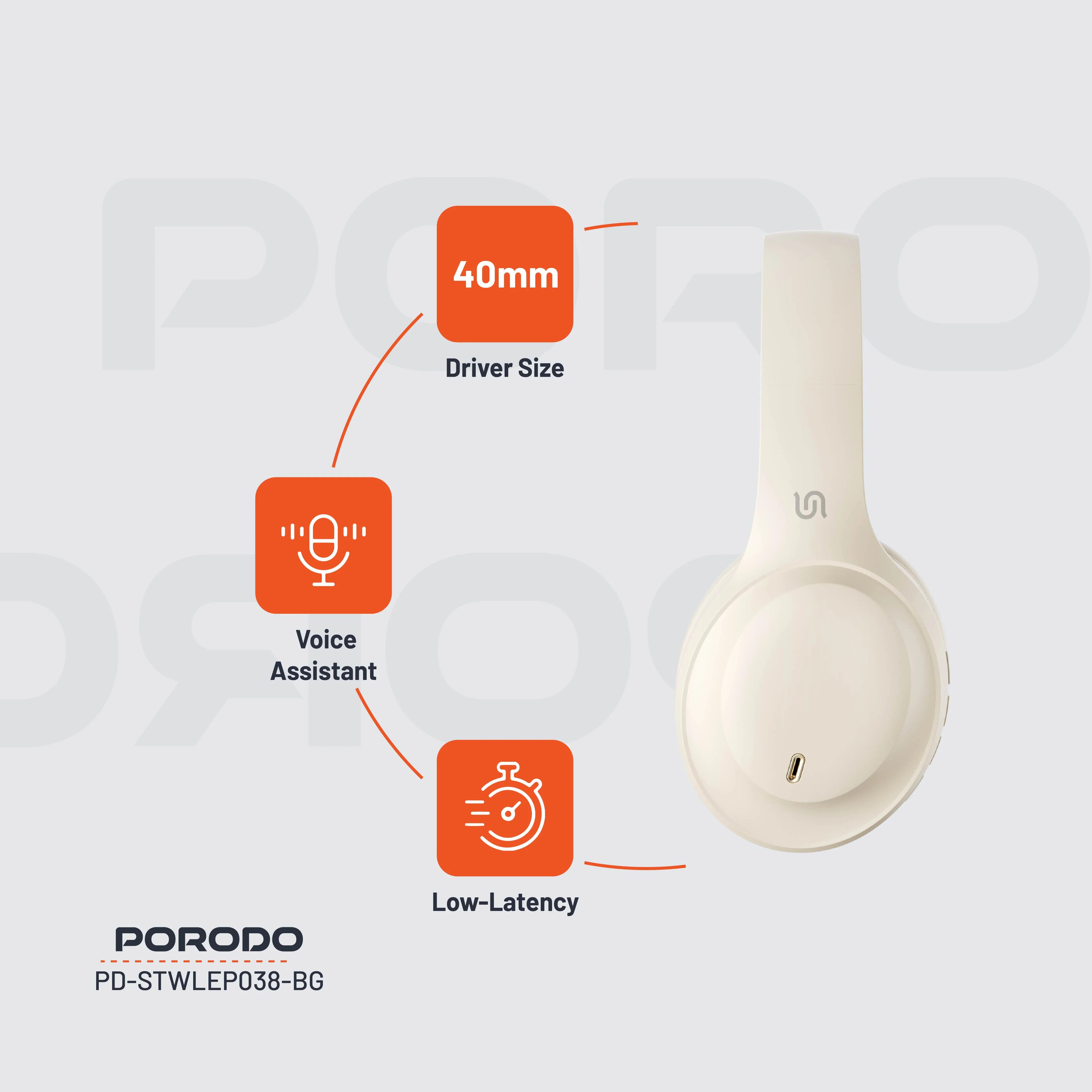 سماعات Porodo Soundtec Primo اللاسلكية مع ENC ووضع الألعاب منخفض التأخير – أسود / بيج