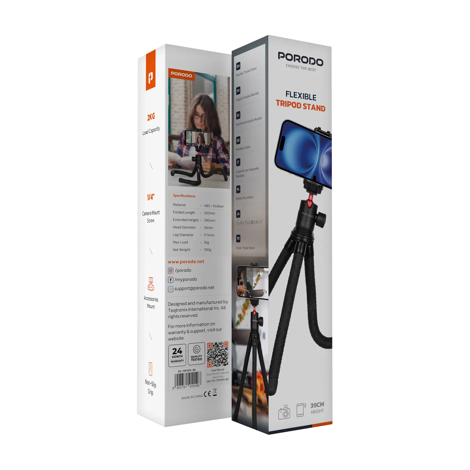 Porodo Flexible Foldable & Extendable Tripod with Phone Holder – Black